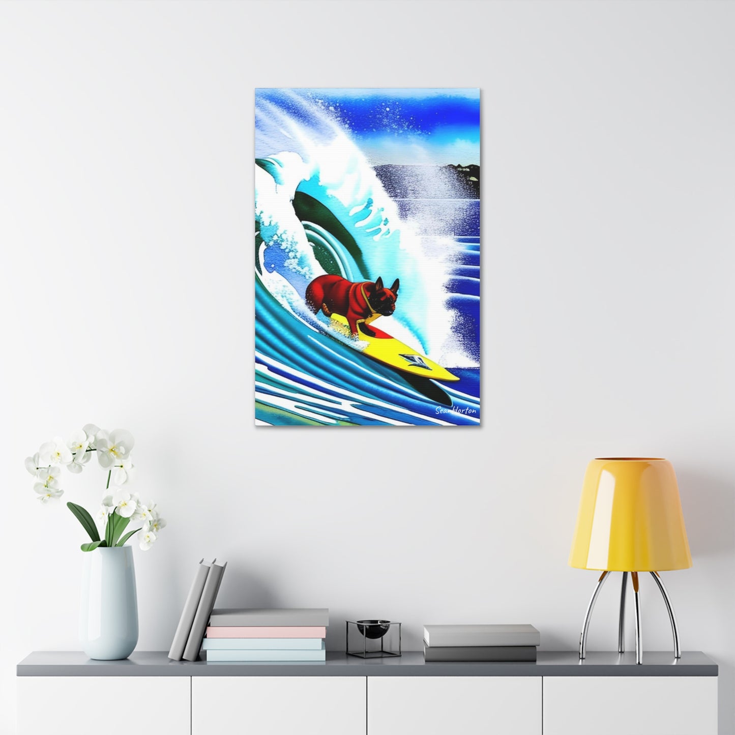 Surfing Frenchie (Verticle) Canvas Stretched, 1.5''