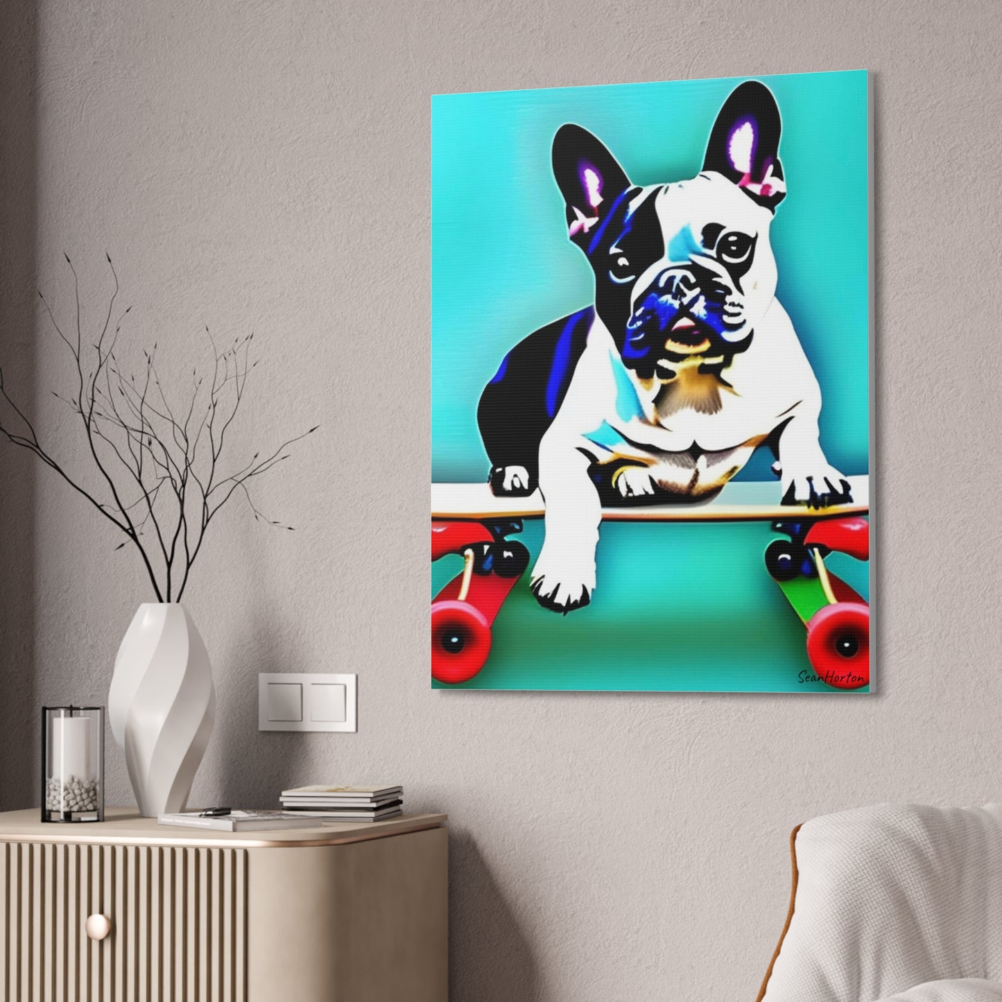 Frenchie on a Skateboard (Verticle) Canvas Stretched, 1.5''