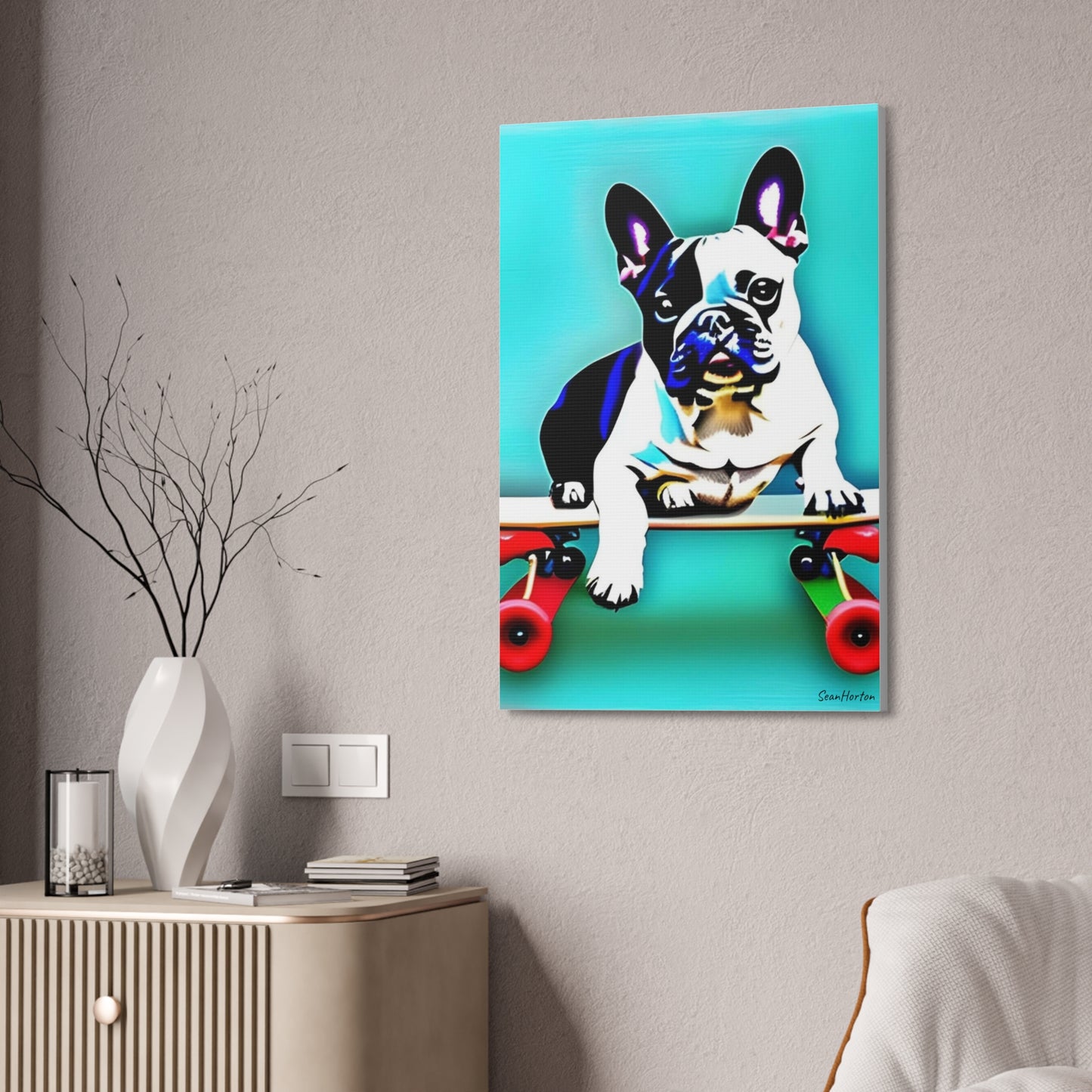 Frenchie on a Skateboard (Verticle) Canvas Stretched, 1.5''