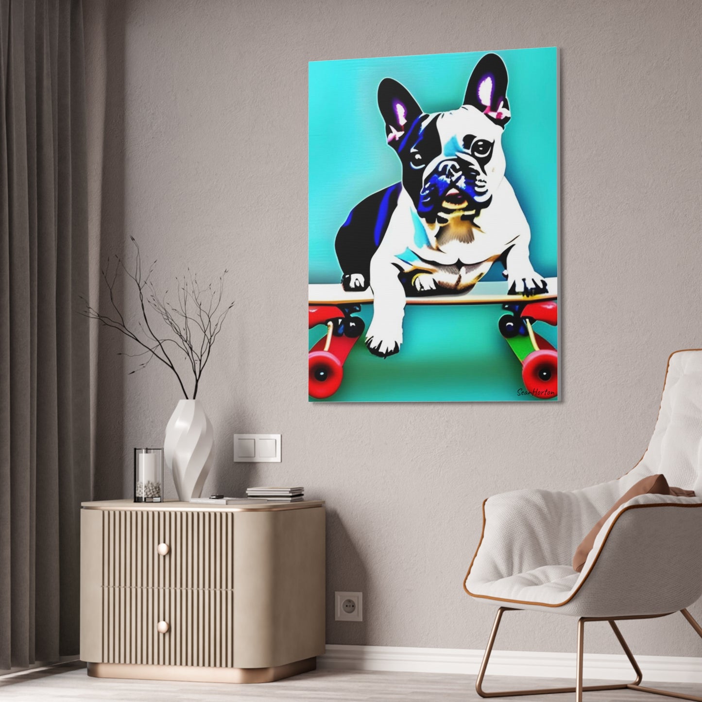 Frenchie on a Skateboard (Verticle) Canvas Stretched, 1.5''