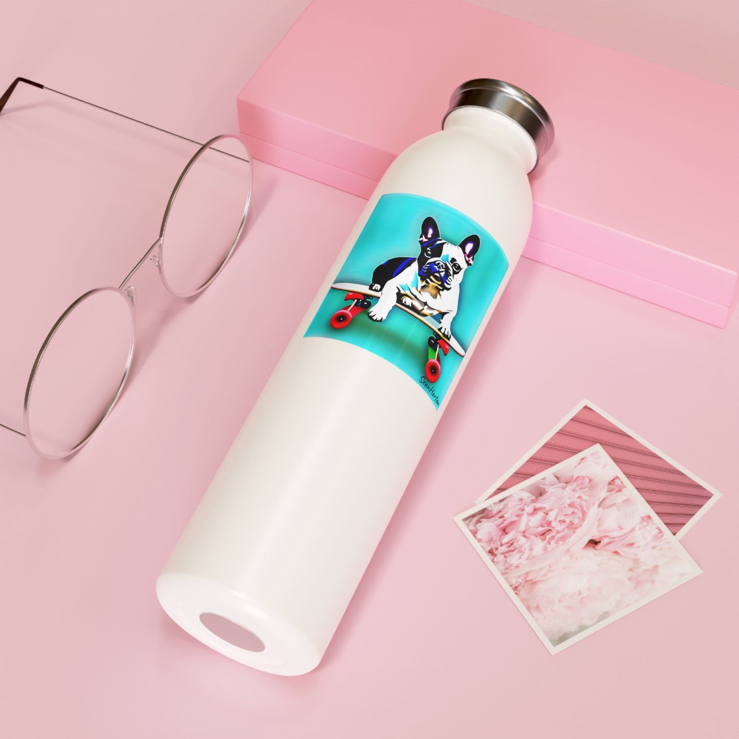 Copy of Frenchie on a Skateboard Slim Water Bottle