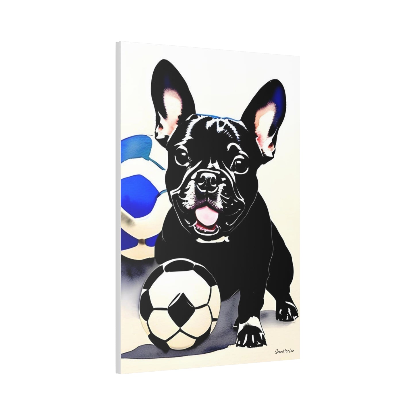 Frenchie with a Soccer Ball (Verticle) Canvas Stretched, 1.5''