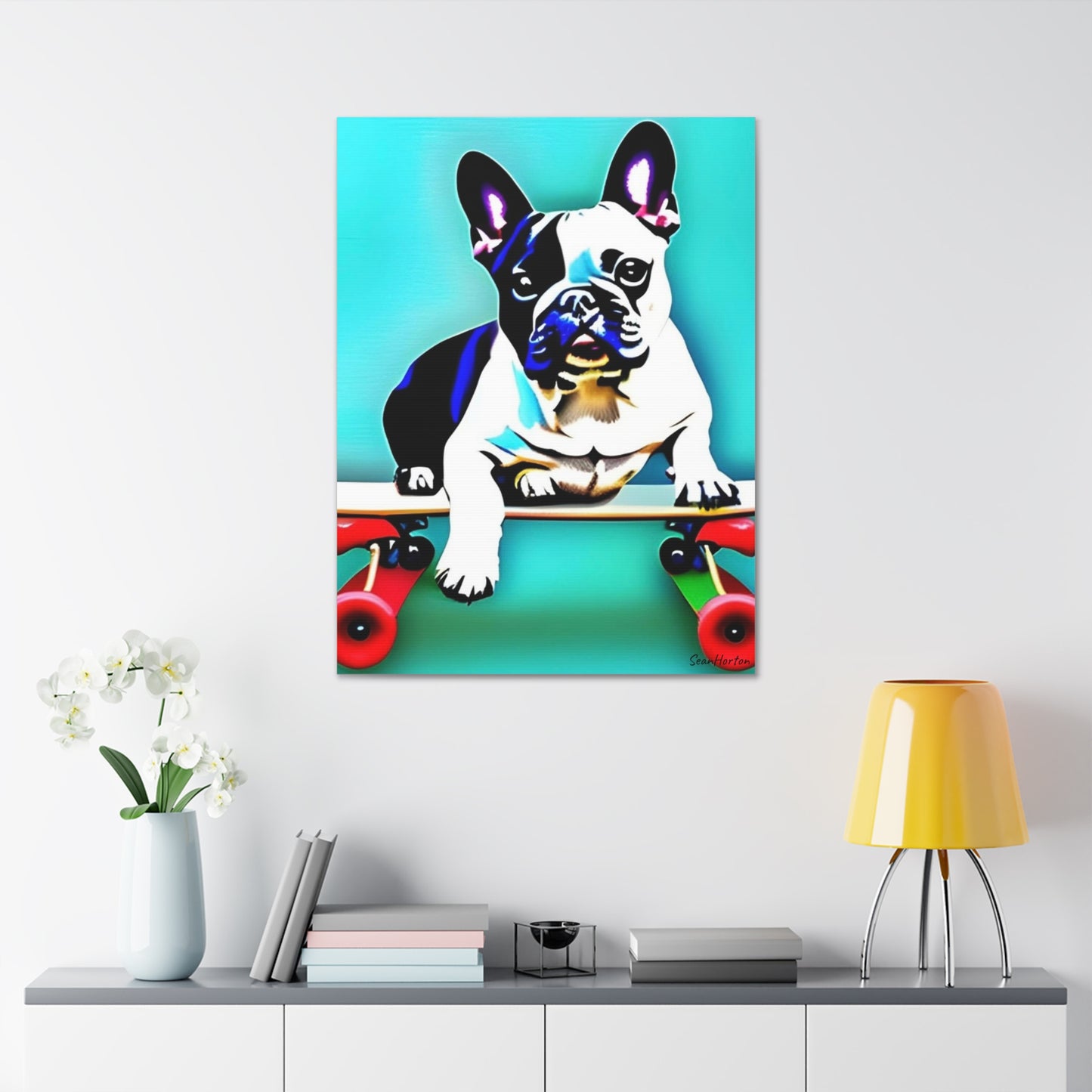 Frenchie on a Skateboard (Verticle) Canvas Stretched, 1.5''