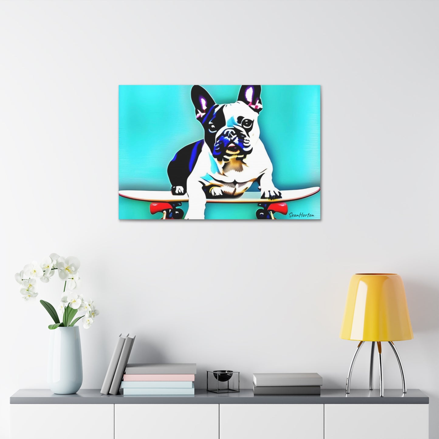 Frenchie on a Skateboard (Horizontal) Canvas Stretched, 1.5''