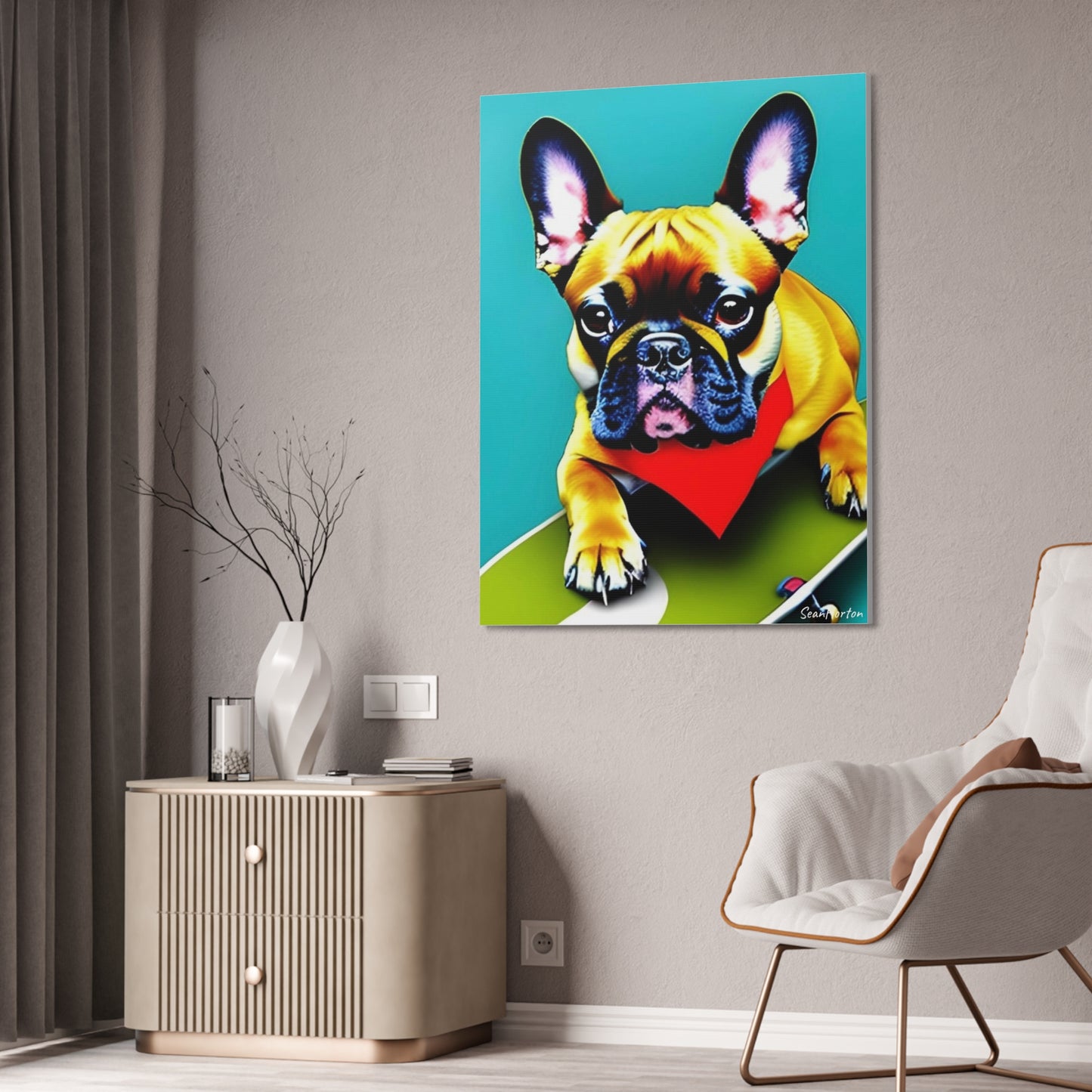 Frenchie on a Skateboard #2 (Verticle) Canvas Stretched, 1.5''