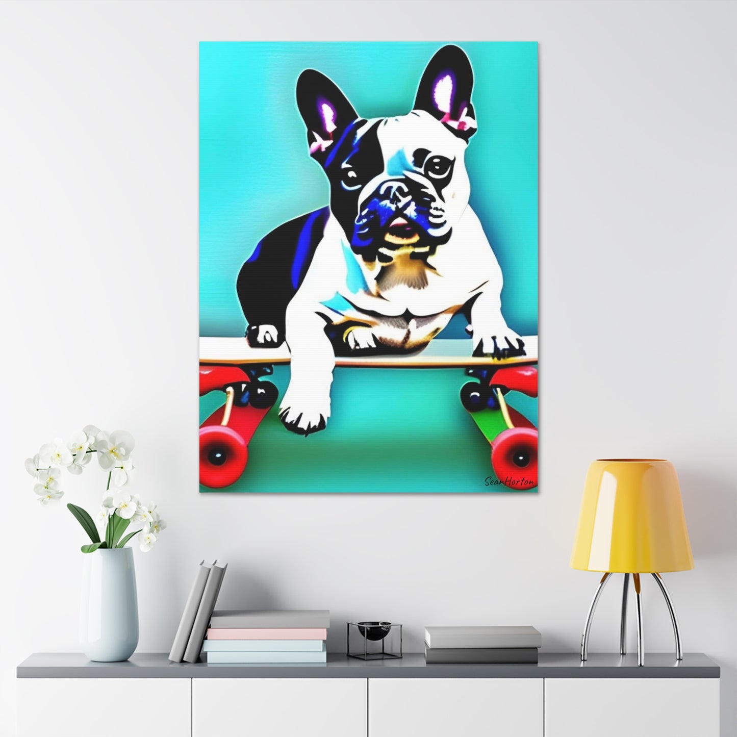Frenchie on a Skateboard (Verticle) Canvas Stretched, 1.5''
