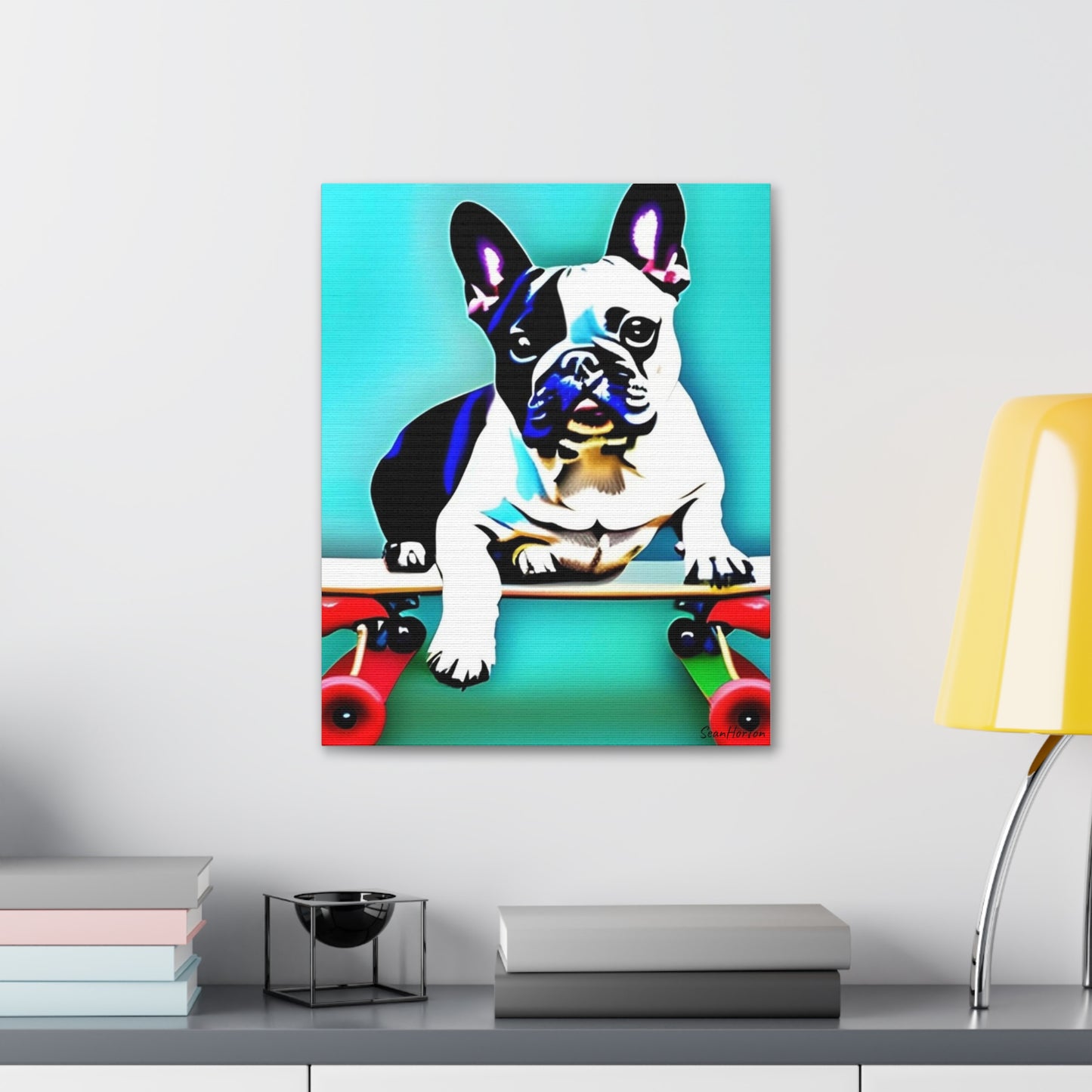 Frenchie on a Skateboard (Verticle) Canvas Stretched, 1.5''