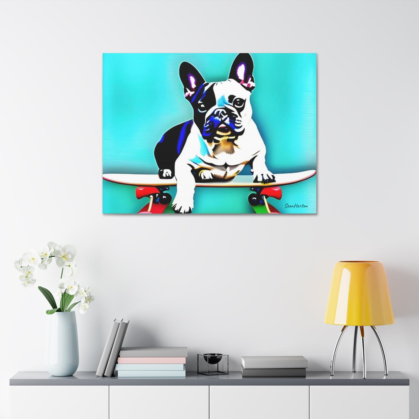 Frenchie on a Skateboard (Horizontal) Canvas Stretched, 1.5''