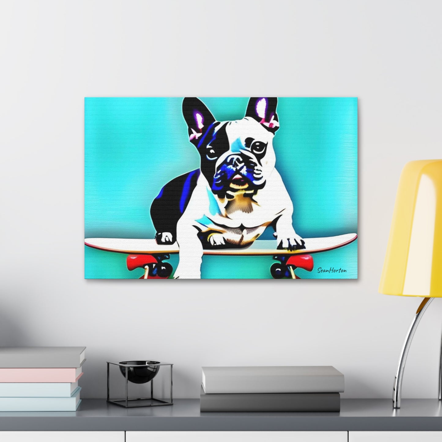 Frenchie on a Skateboard (Horizontal) Canvas Stretched, 1.5''