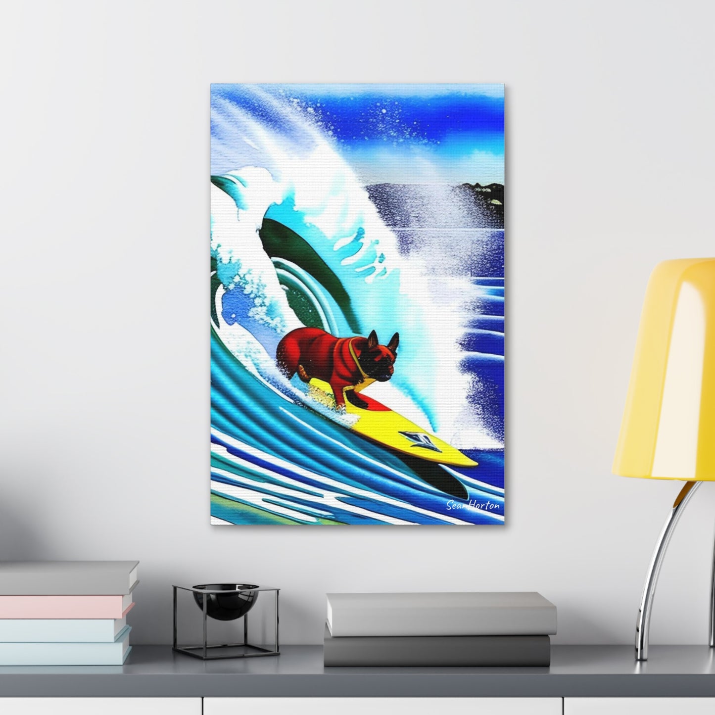 Surfing Frenchie (Verticle) Canvas Stretched, 1.5''