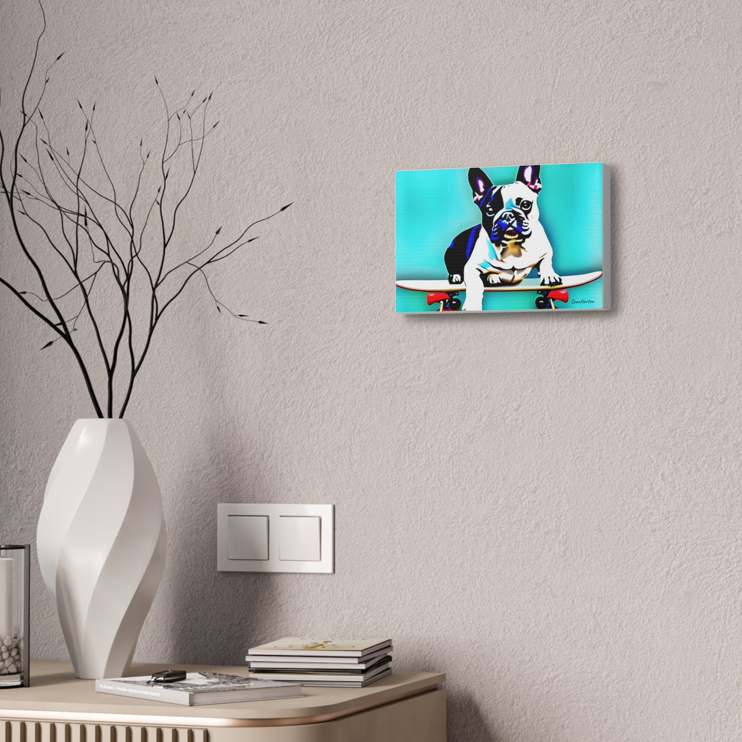 Frenchie on a Skateboard (Horizontal) Canvas Stretched, 1.5''
