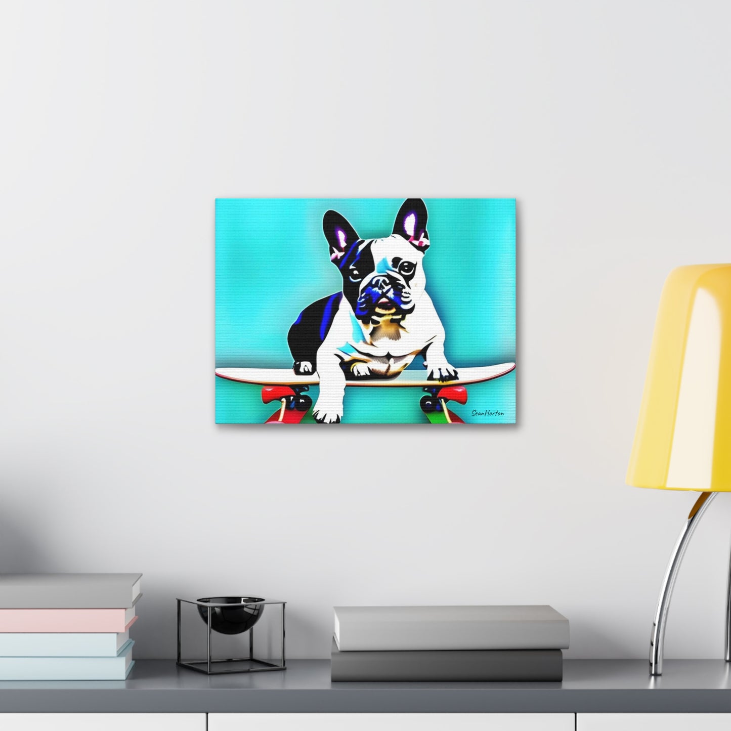 Frenchie on a Skateboard (Horizontal) Canvas Stretched, 1.5''