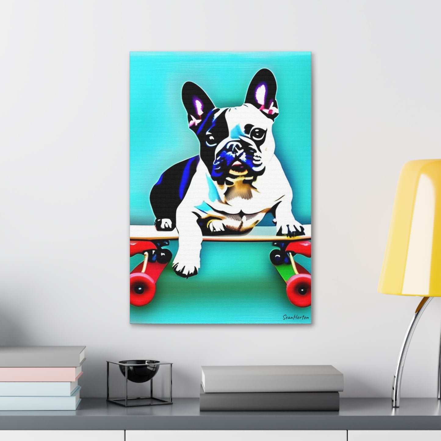Frenchie on a Skateboard (Verticle) Canvas Stretched, 1.5''