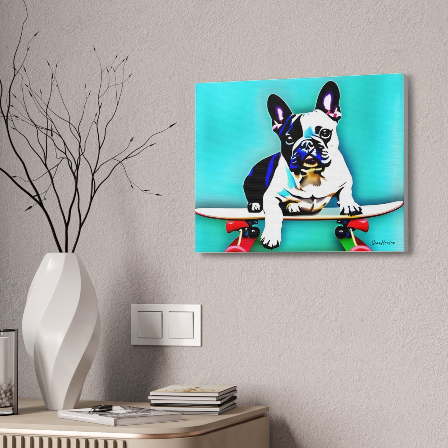 Frenchie on a Skateboard (Horizontal) Canvas Stretched, 1.5''