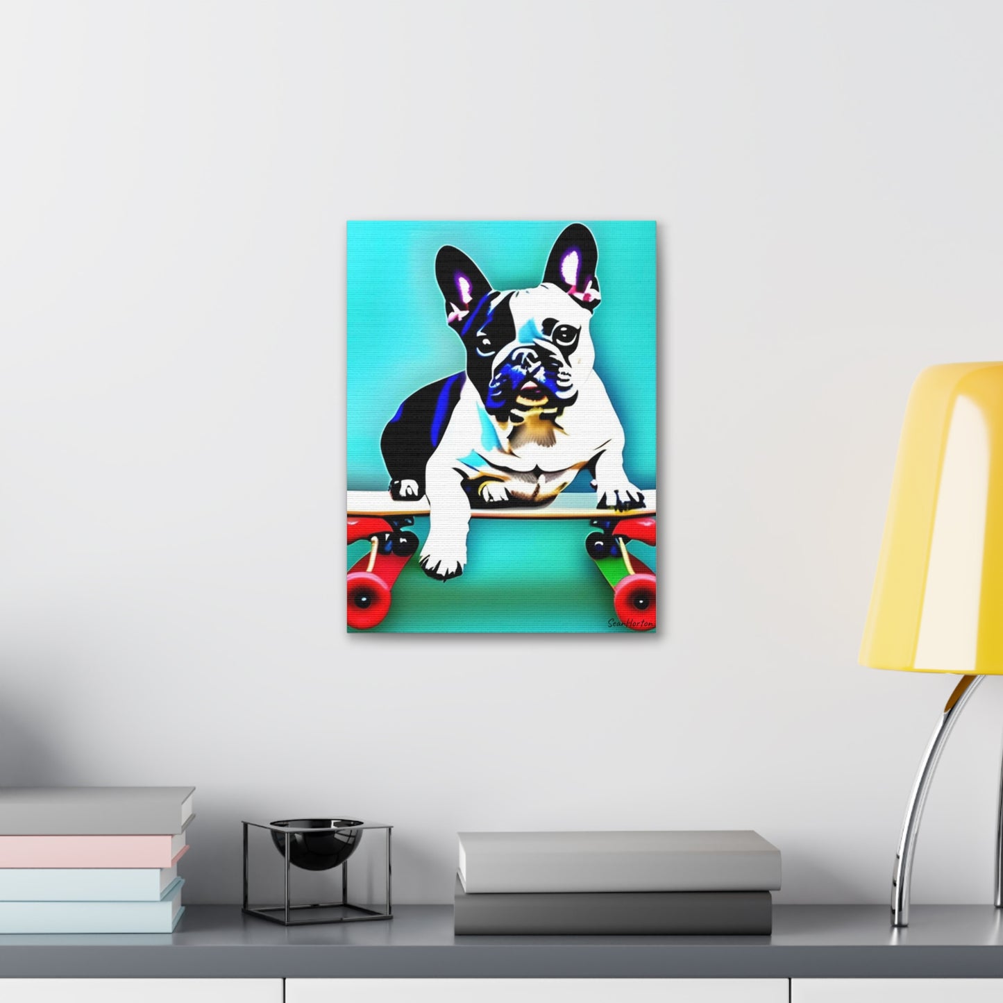 Frenchie on a Skateboard (Verticle) Canvas Stretched, 1.5''