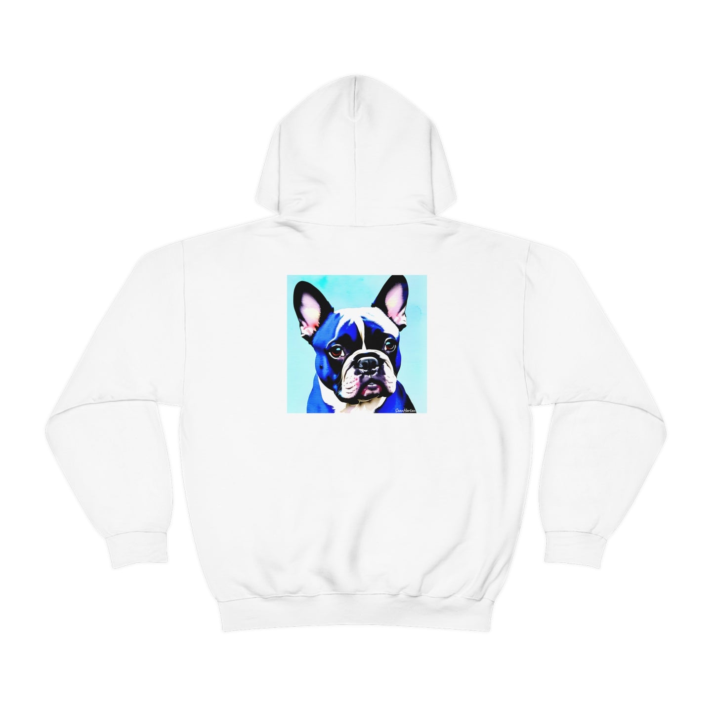 Blue Frenchie on the Back of Hoodie Unisex Heavy Blend™ Hooded Sweatshirt