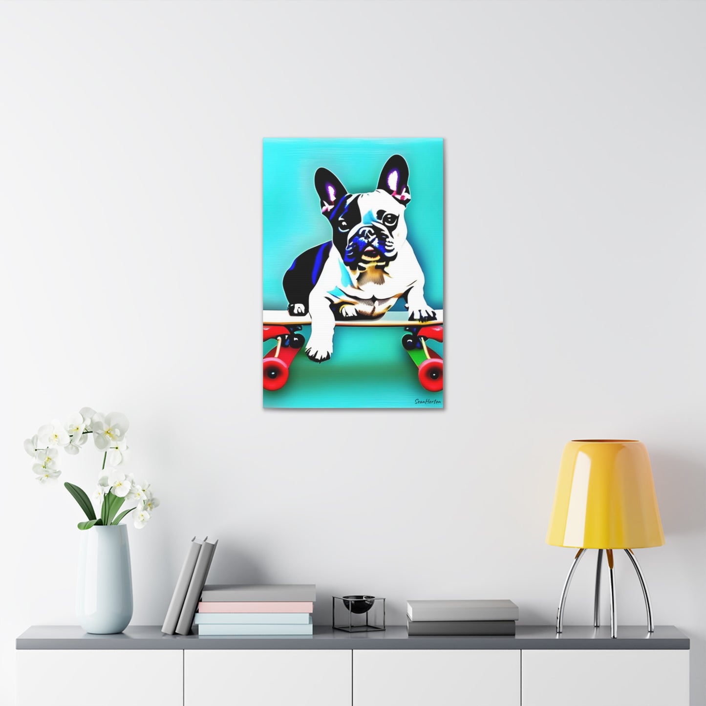 Frenchie on a Skateboard (Verticle) Canvas Stretched, 1.5''