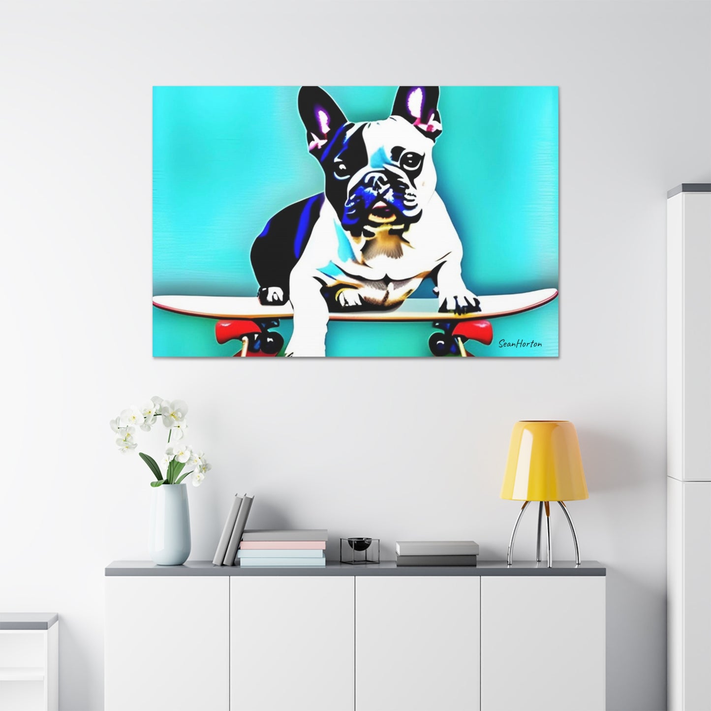 Frenchie on a Skateboard (Horizontal) Canvas Stretched, 1.5''