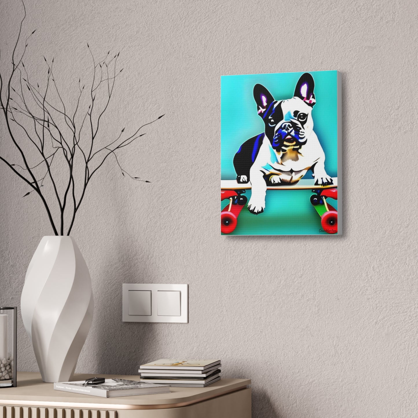 Frenchie on a Skateboard (Verticle) Canvas Stretched, 1.5''
