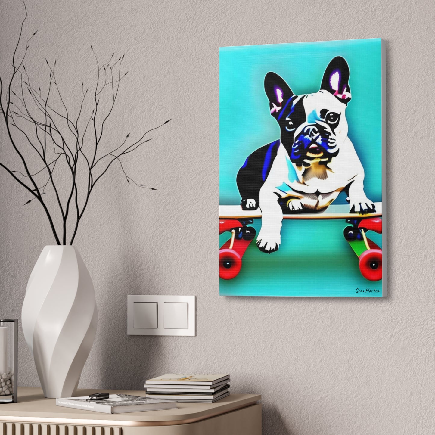 Frenchie on a Skateboard (Verticle) Canvas Stretched, 1.5''