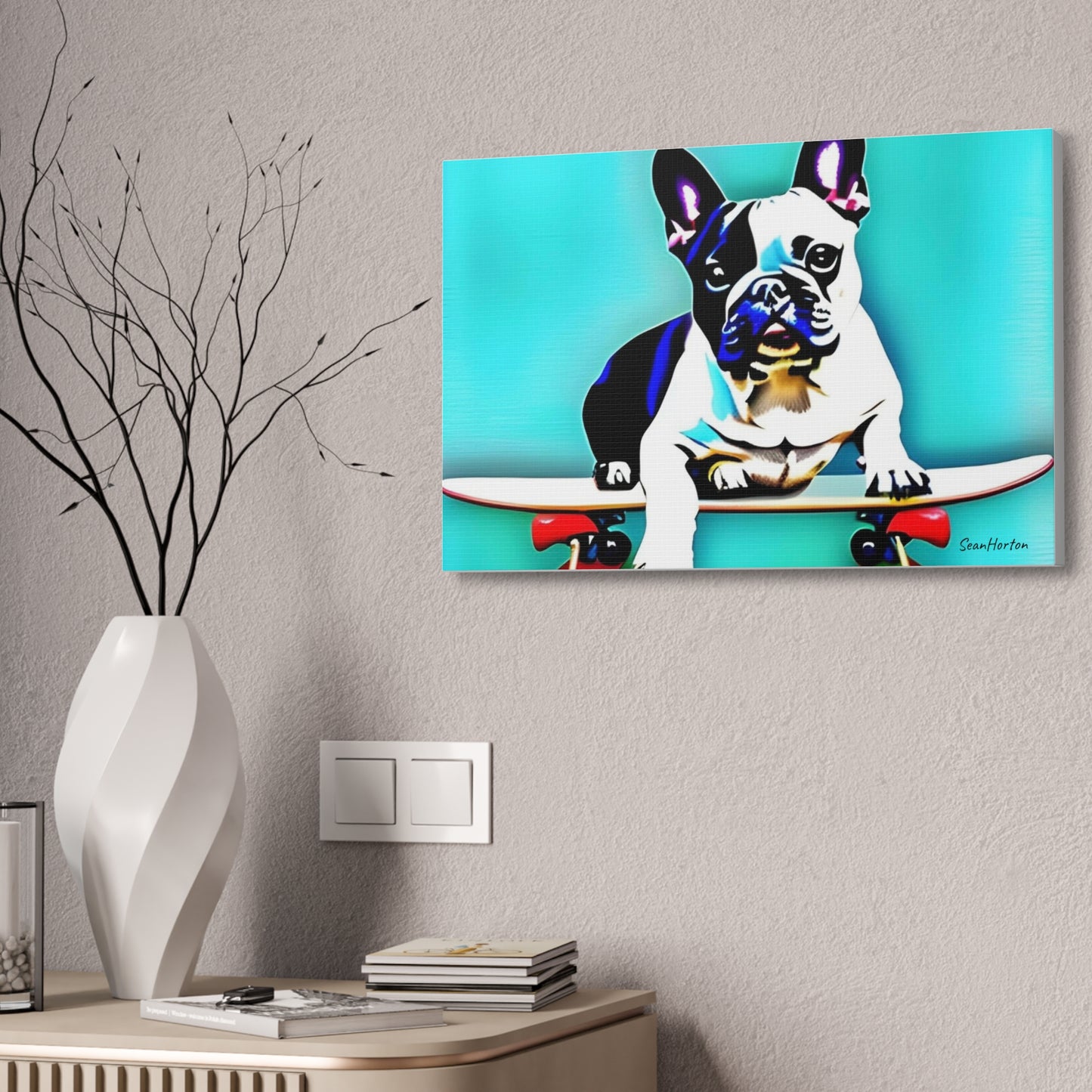 Frenchie on a Skateboard (Horizontal) Canvas Stretched, 1.5''