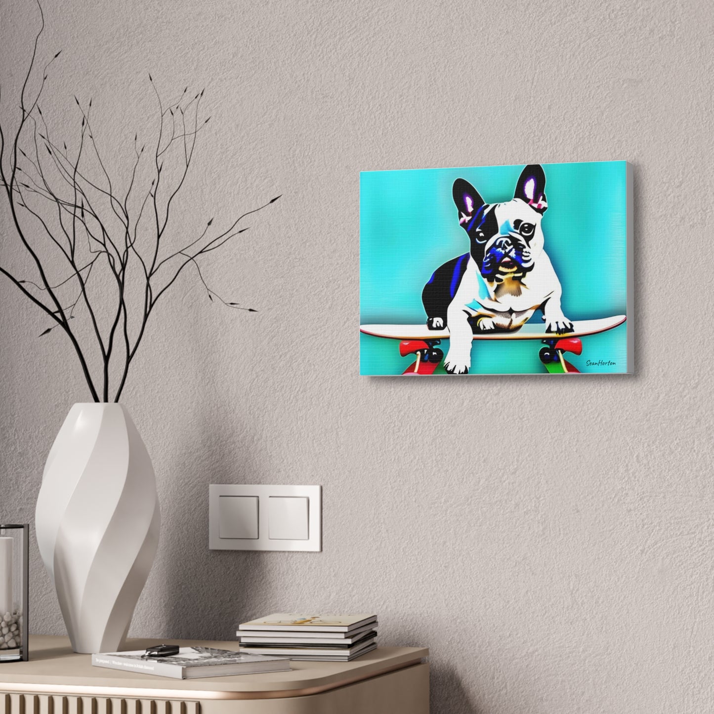 Frenchie on a Skateboard (Horizontal) Canvas Stretched, 1.5''