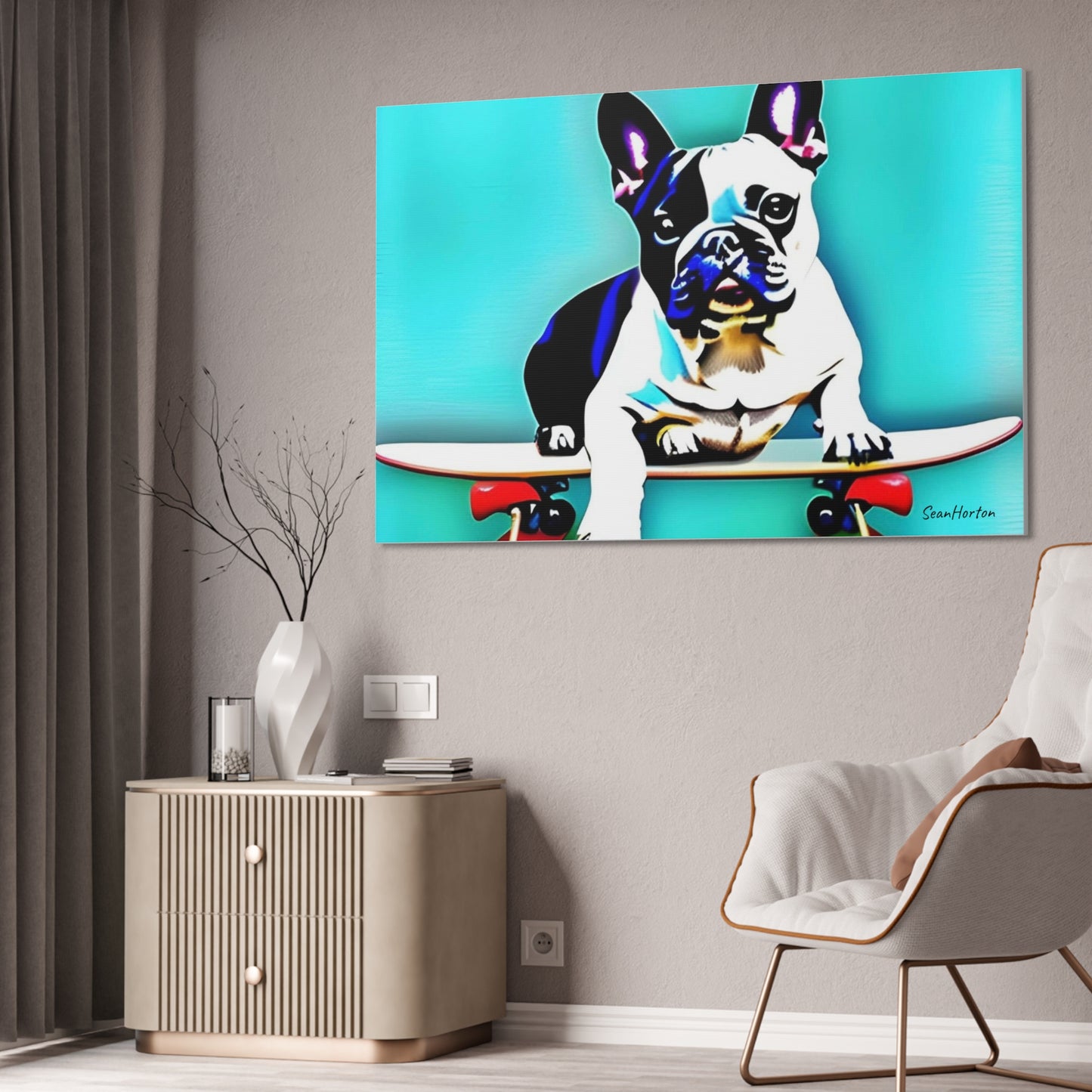 Frenchie on a Skateboard (Horizontal) Canvas Stretched, 1.5''