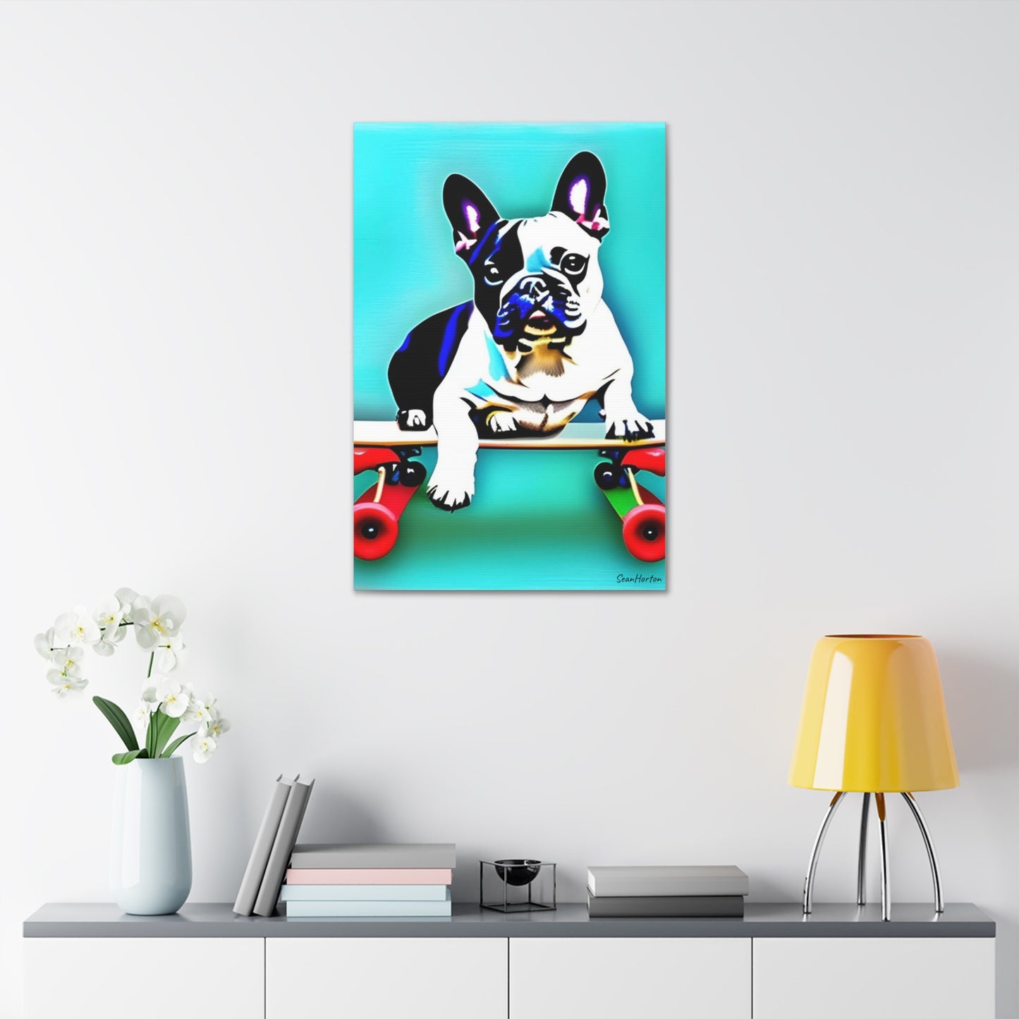 Frenchie on a Skateboard (Verticle) Canvas Stretched, 1.5''