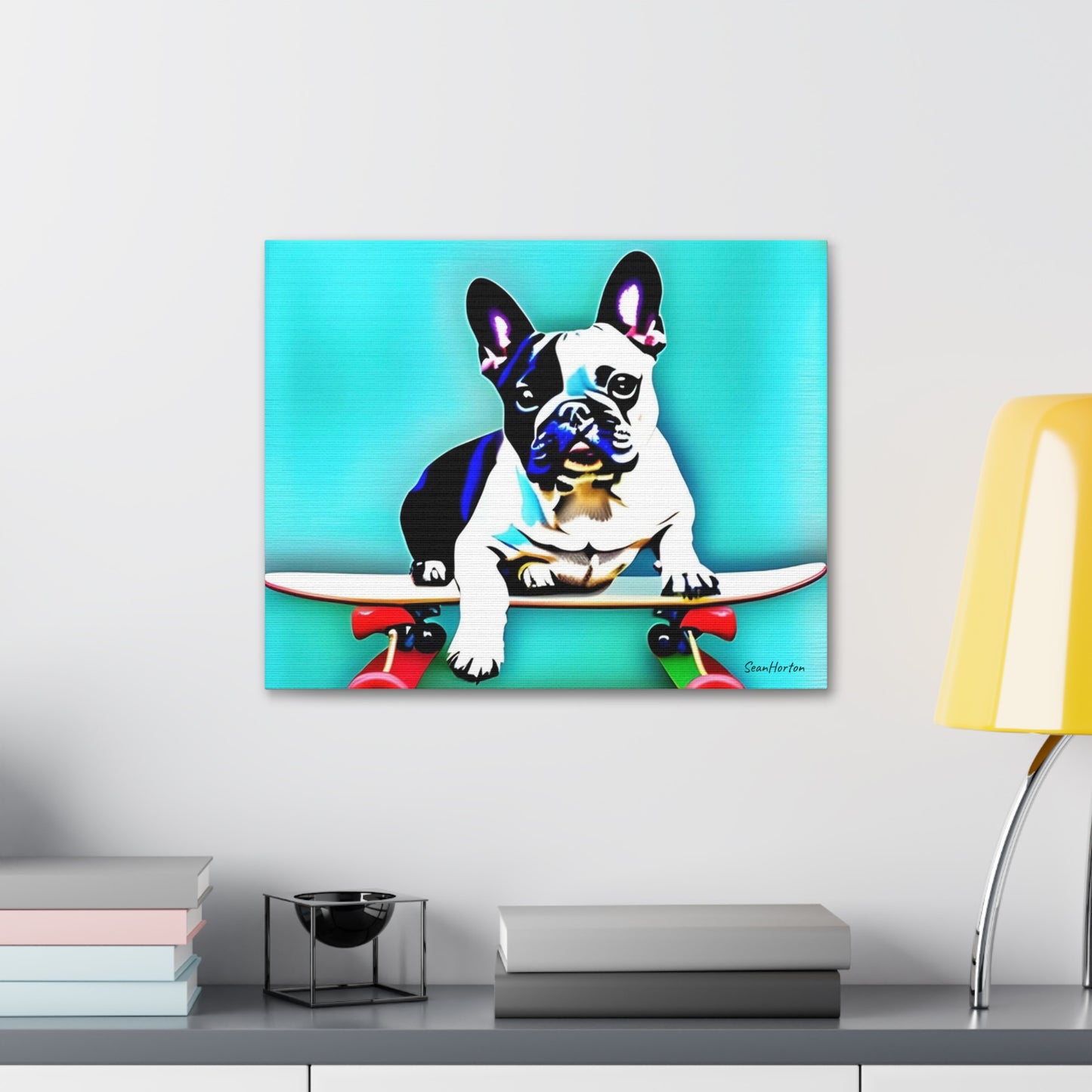 Frenchie on a Skateboard (Horizontal) Canvas Stretched, 1.5''