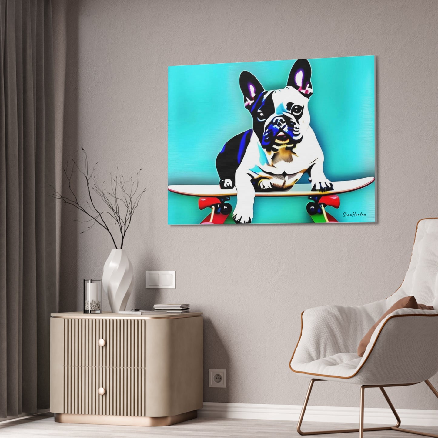 Frenchie on a Skateboard (Horizontal) Canvas Stretched, 1.5''