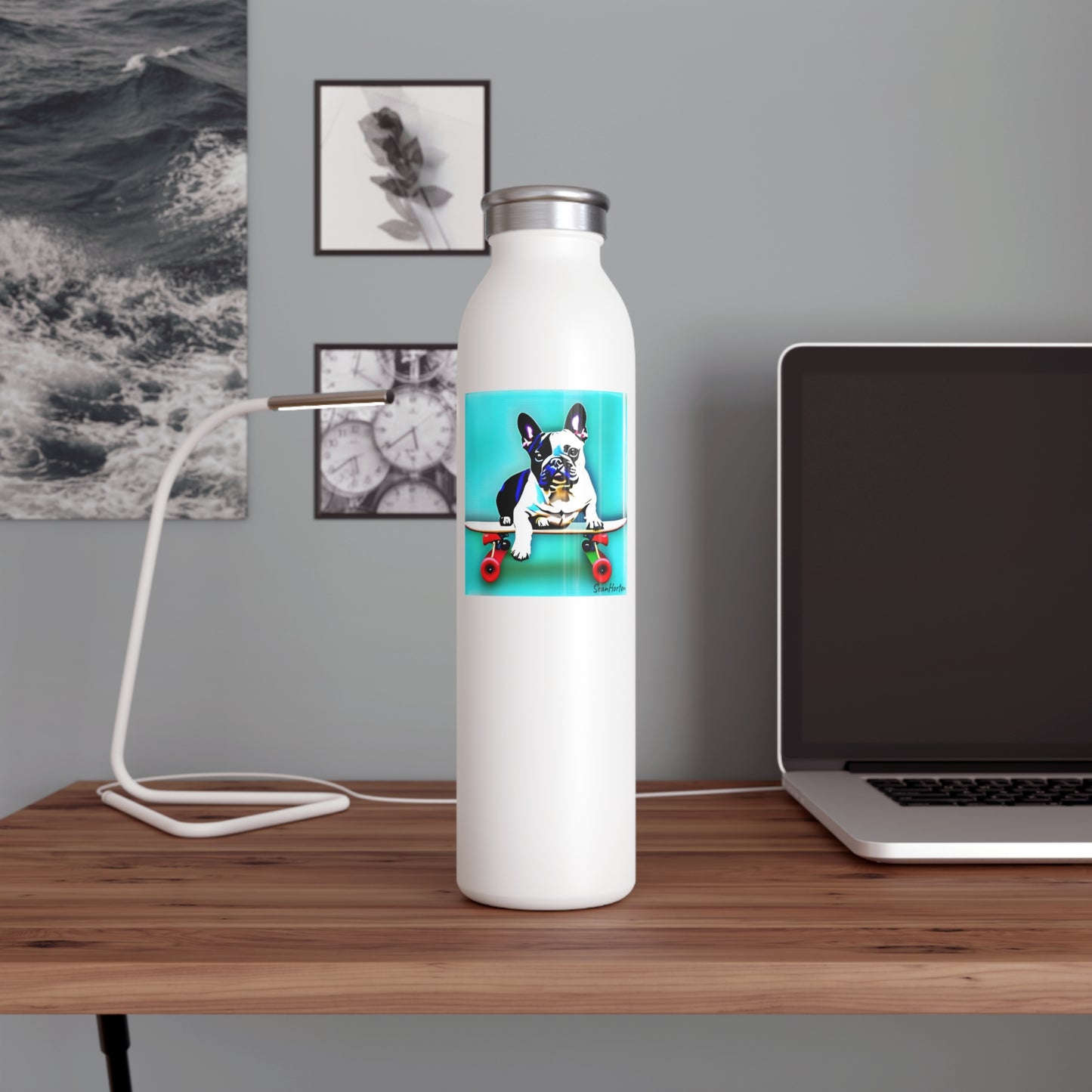 Copy of Frenchie on a Skateboard Slim Water Bottle