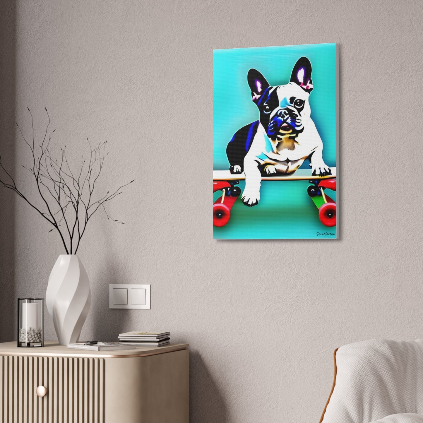 Frenchie on a Skateboard (Verticle) Canvas Stretched, 1.5''