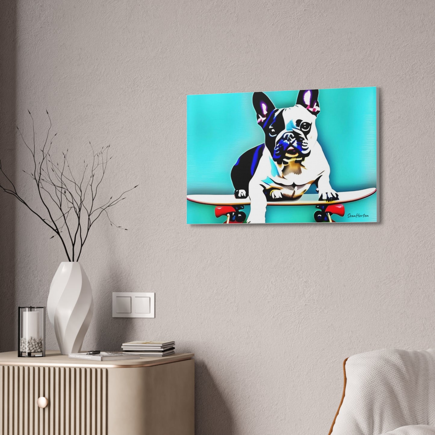 Frenchie on a Skateboard (Horizontal) Canvas Stretched, 1.5''