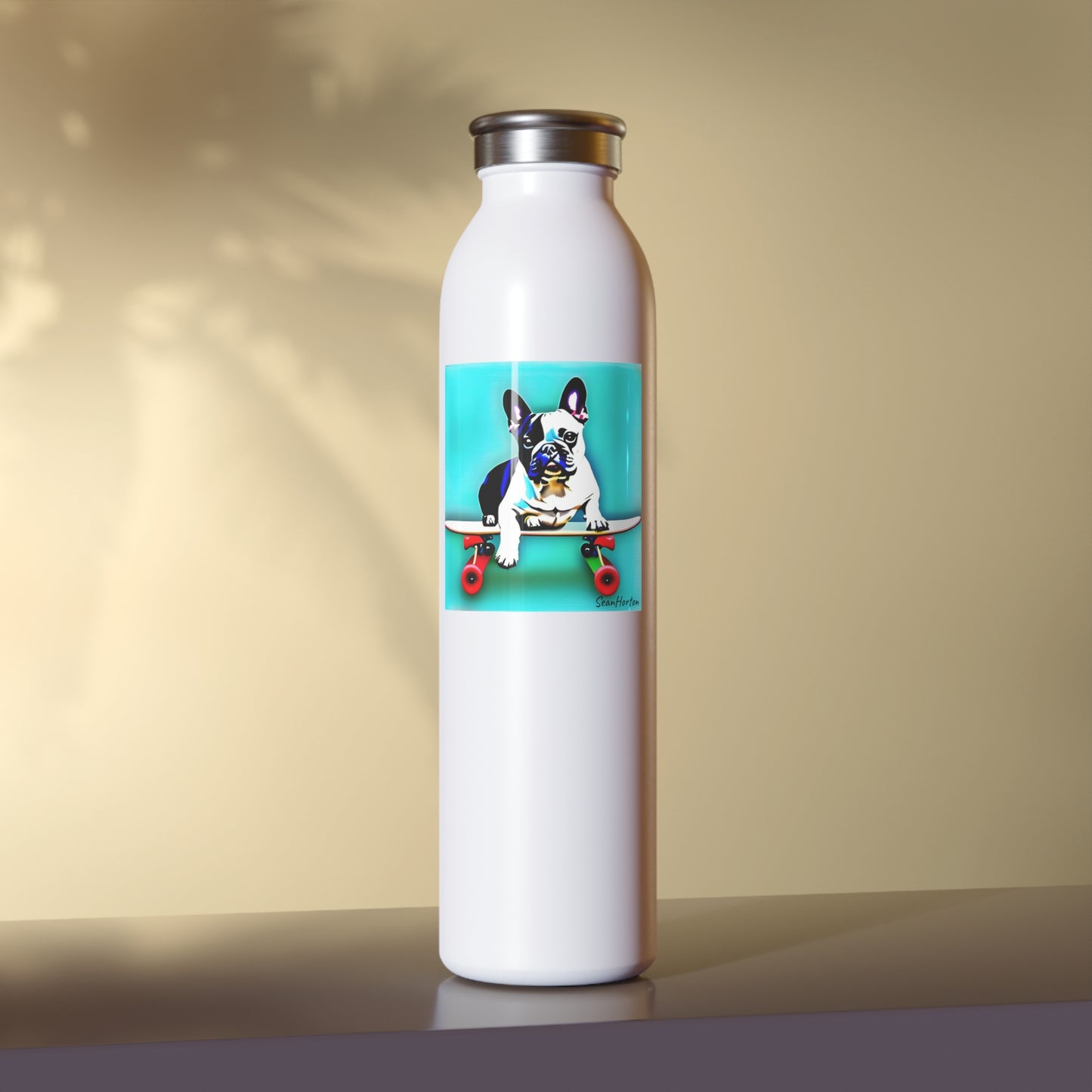 Copy of Frenchie on a Skateboard Slim Water Bottle