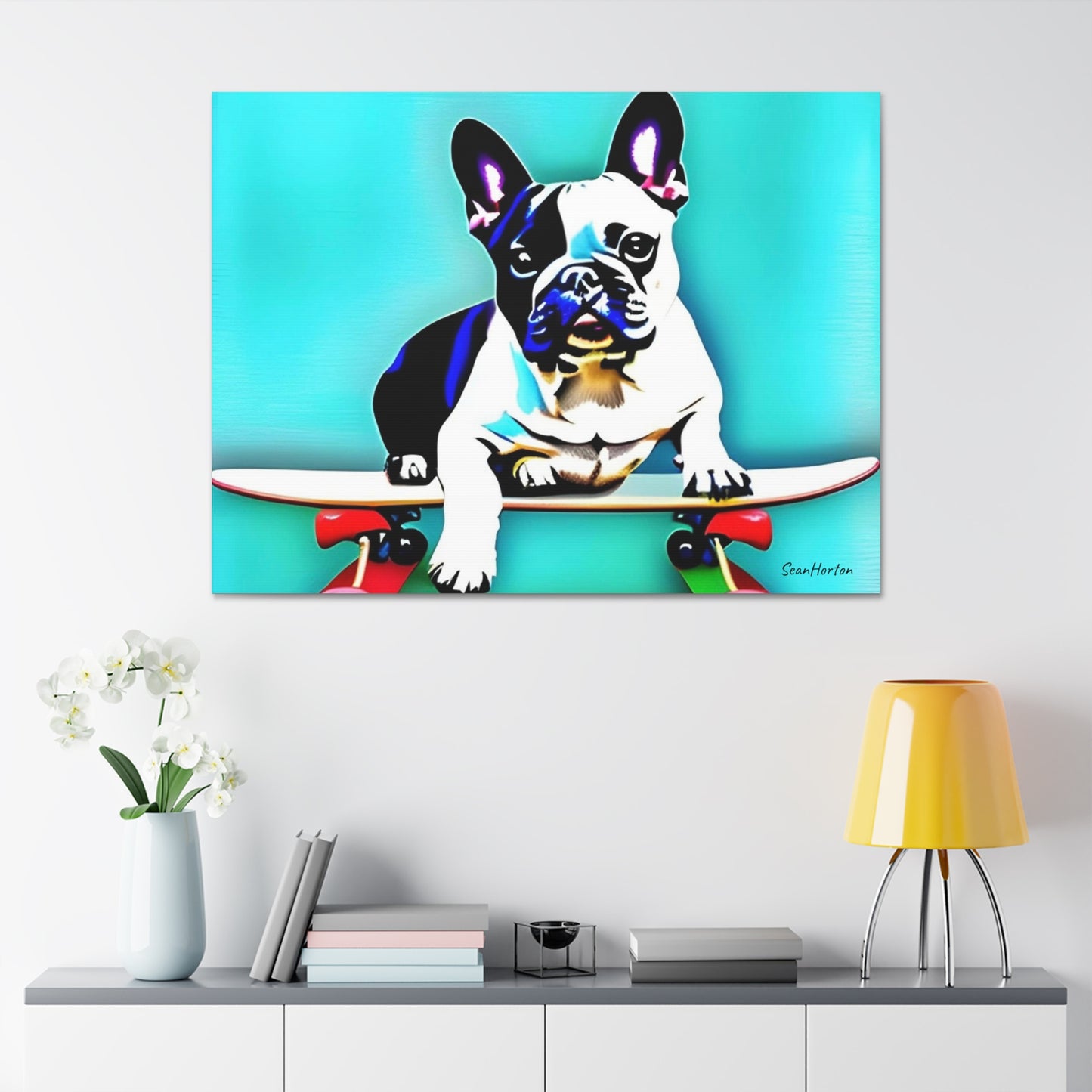 Frenchie on a Skateboard (Horizontal) Canvas Stretched, 1.5''