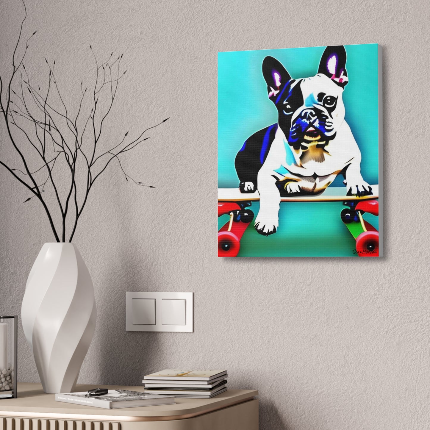 Frenchie on a Skateboard (Verticle) Canvas Stretched, 1.5''