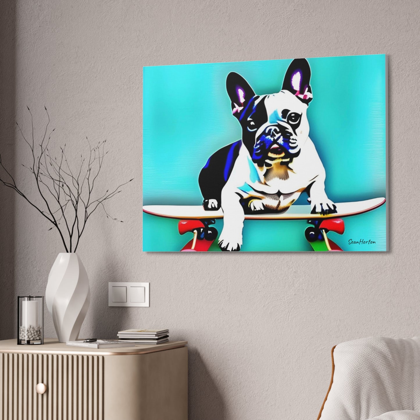 Frenchie on a Skateboard (Horizontal) Canvas Stretched, 1.5''