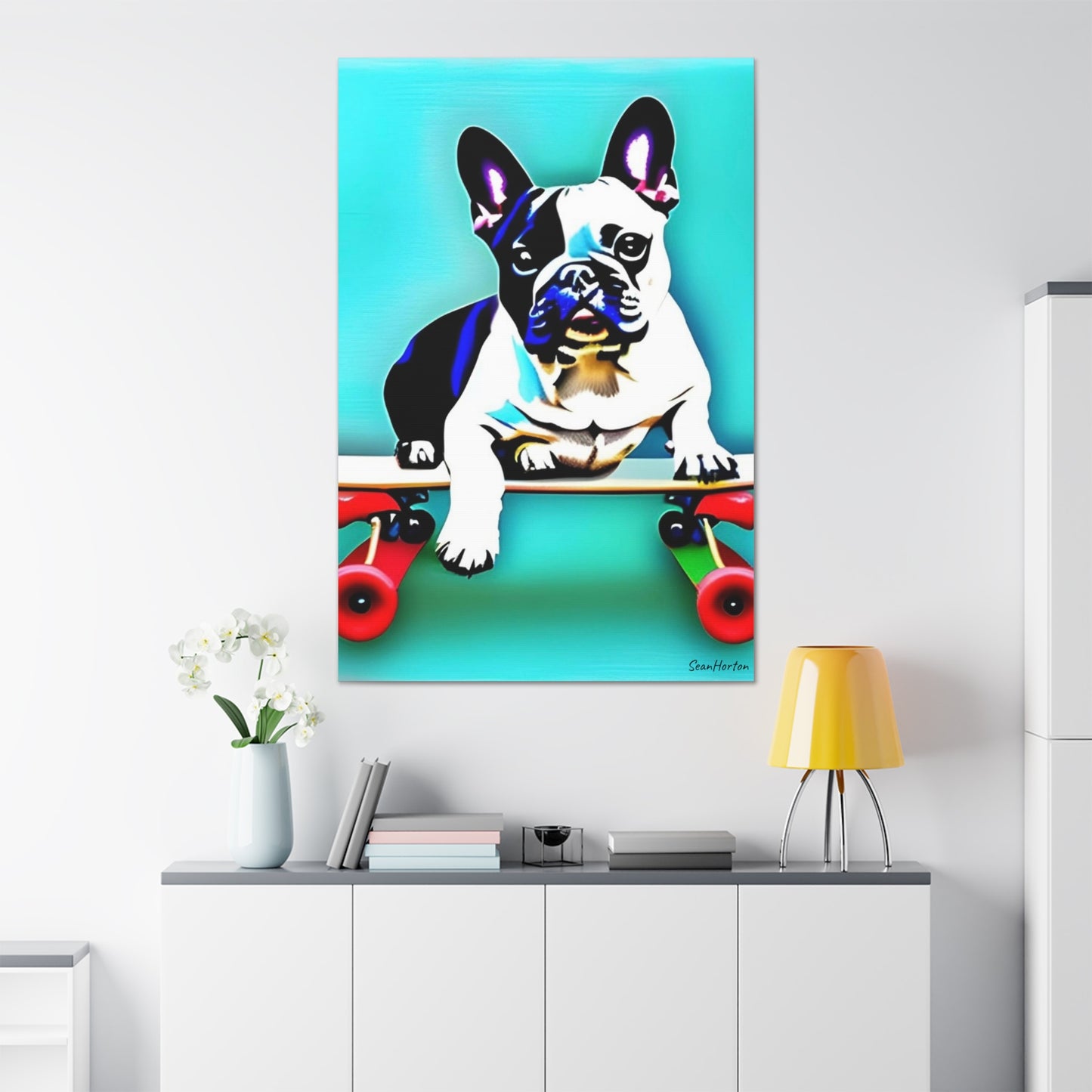 Frenchie on a Skateboard (Verticle) Canvas Stretched, 1.5''