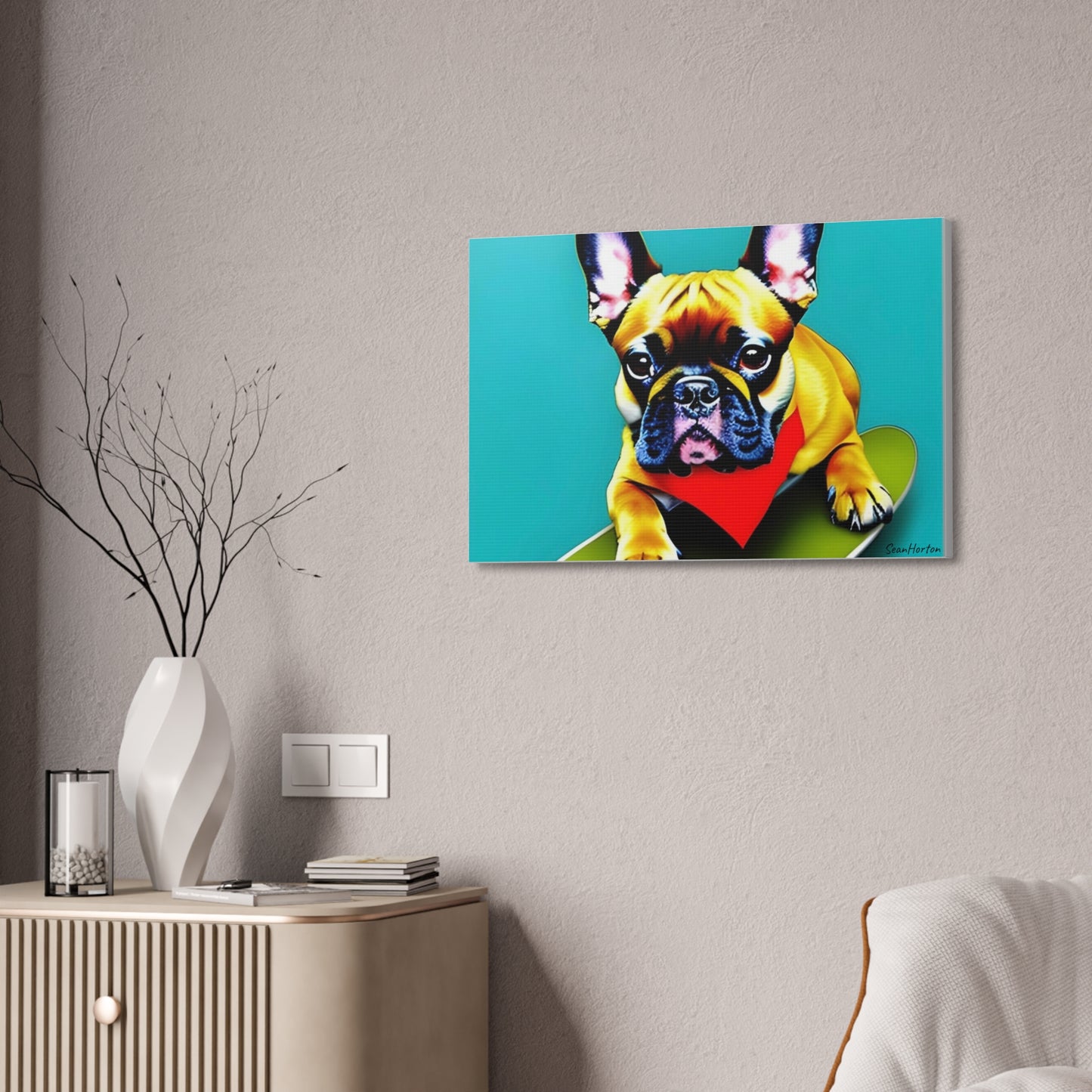 Frenchie on a Skateboard #2 (Horizontal) Canvas Stretched, 1.5''