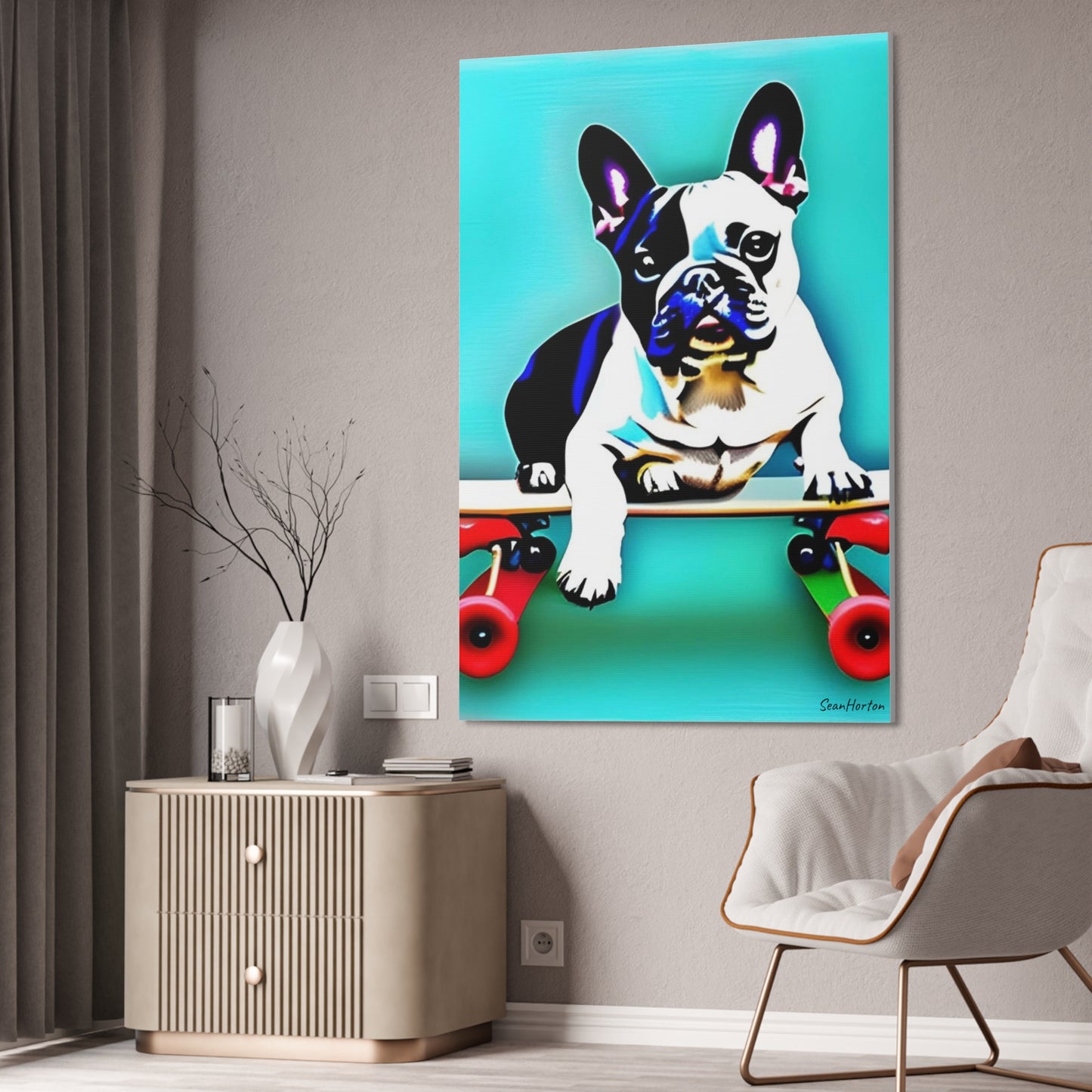 Frenchie on a Skateboard (Verticle) Canvas Stretched, 1.5''