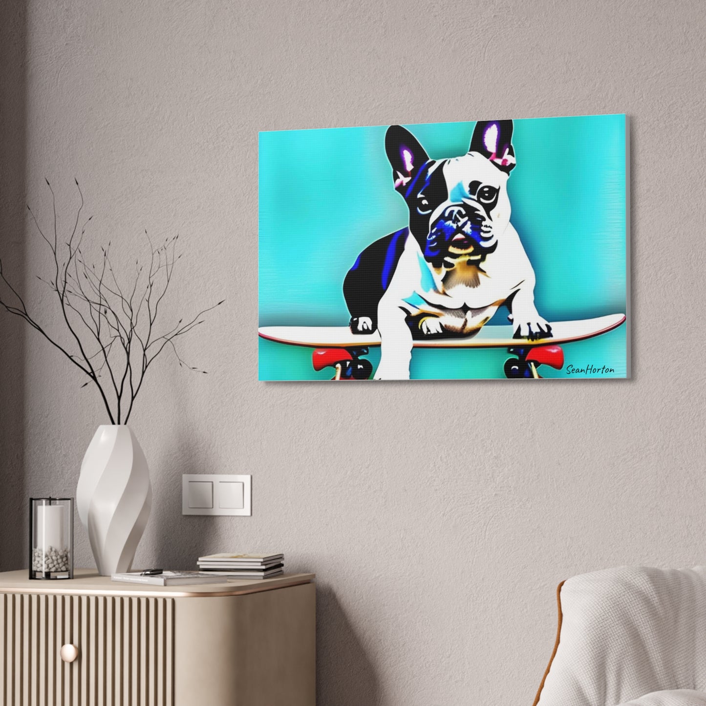 Frenchie on a Skateboard (Horizontal) Canvas Stretched, 1.5''