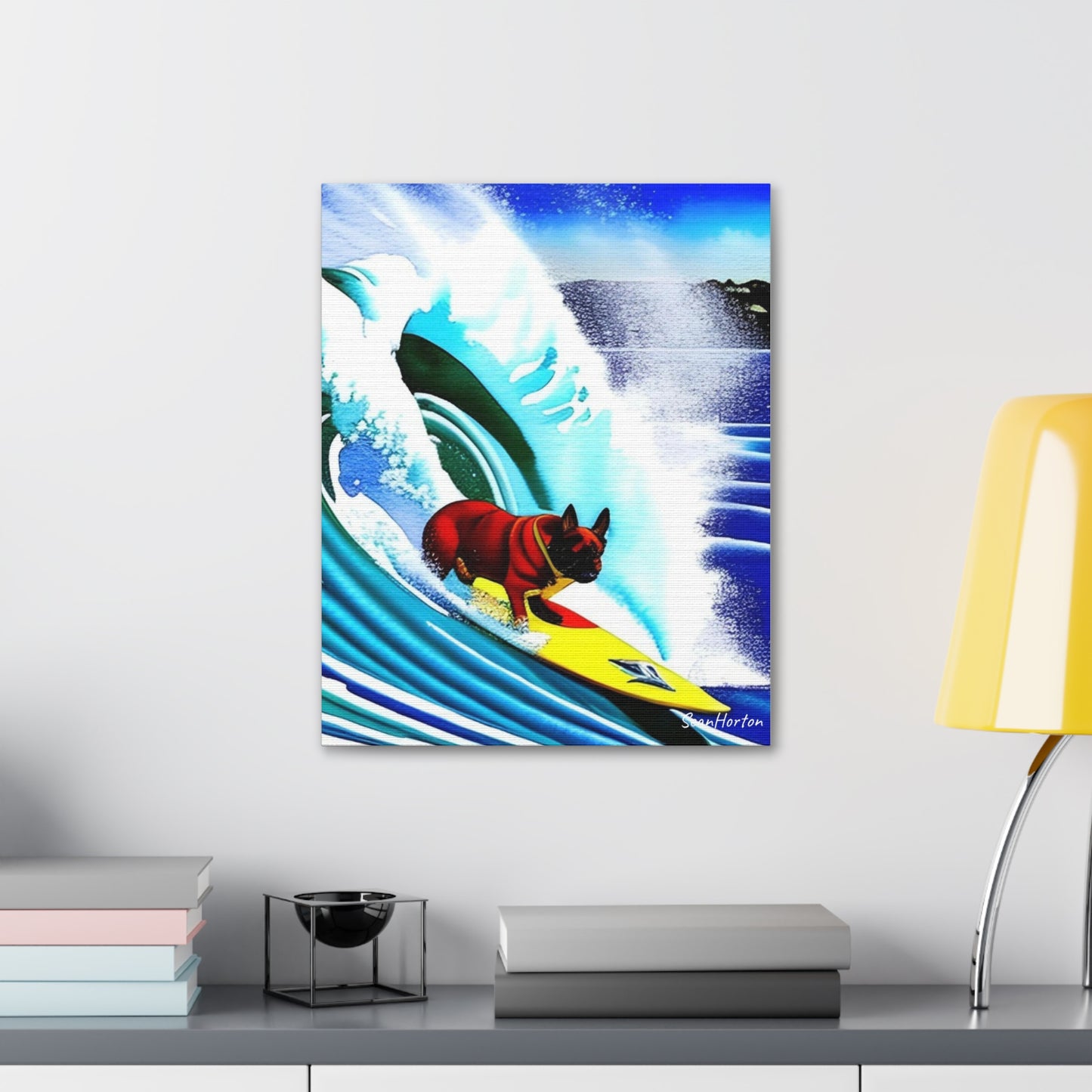 Surfing Frenchie (Verticle) Canvas Stretched, 1.5''
