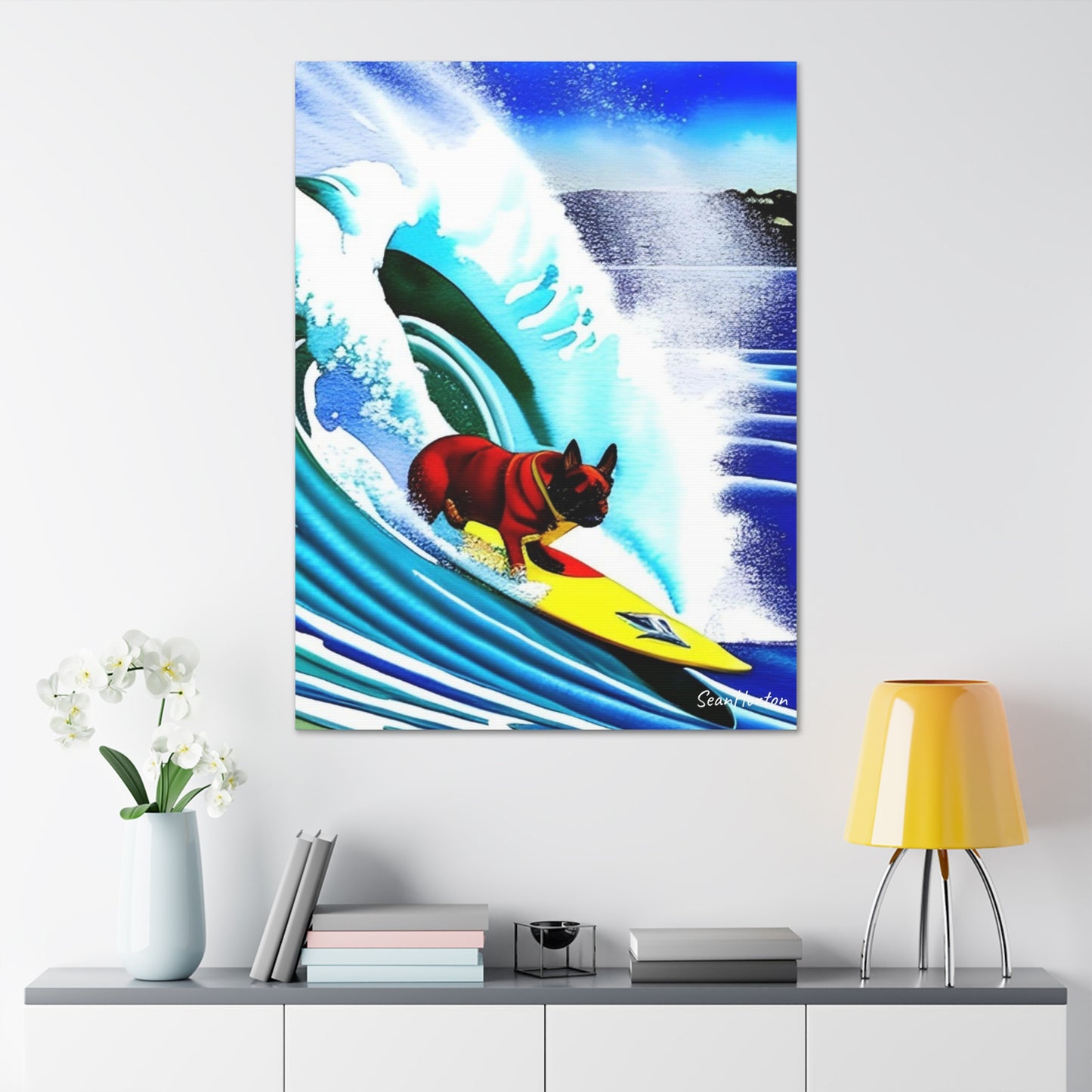 Surfing Frenchie (Verticle) Canvas Stretched, 1.5''