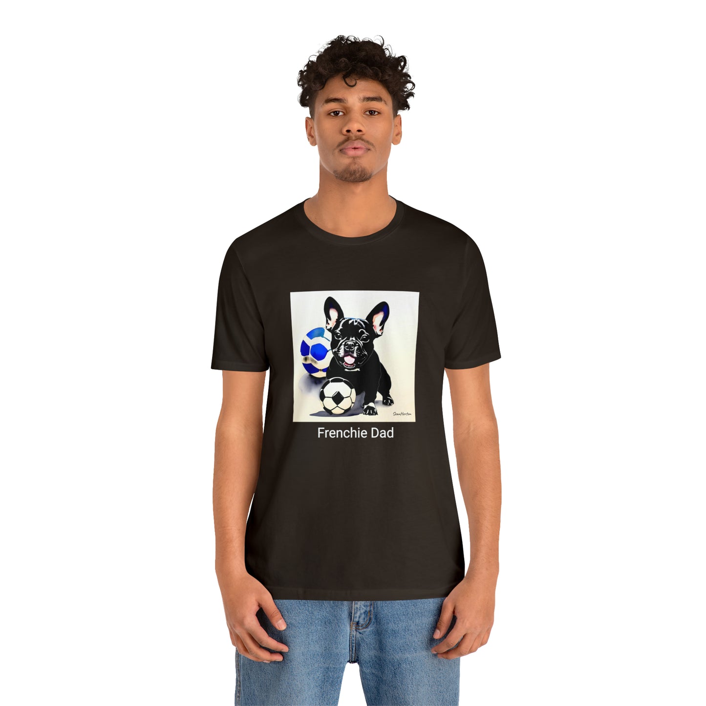 Frenchie with Soccer Ball/Frenchie Dad Unisex Jersey Short Sleeve Tee