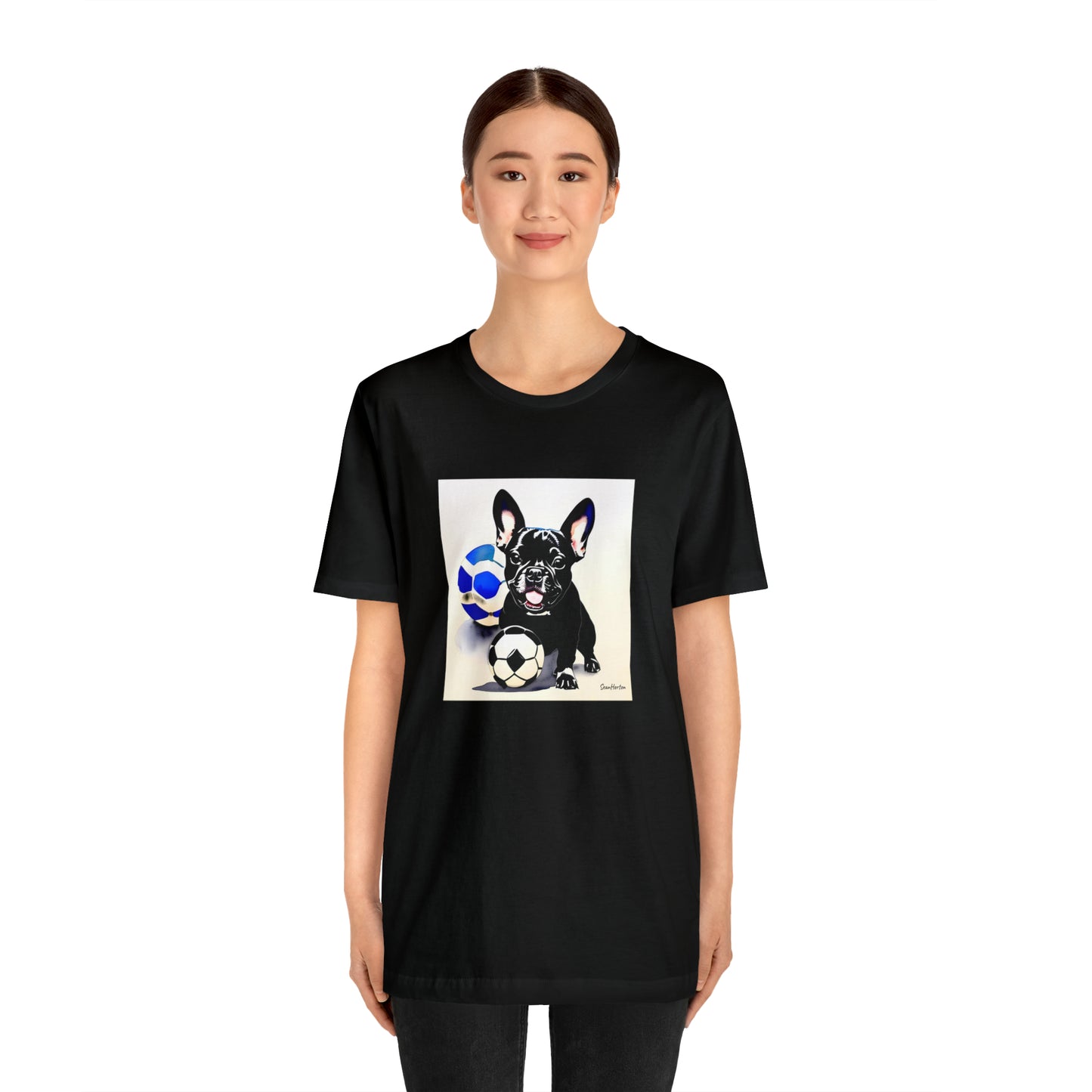 Frenchie with Soccer Ball Unisex Jersey Short Sleeve Tee