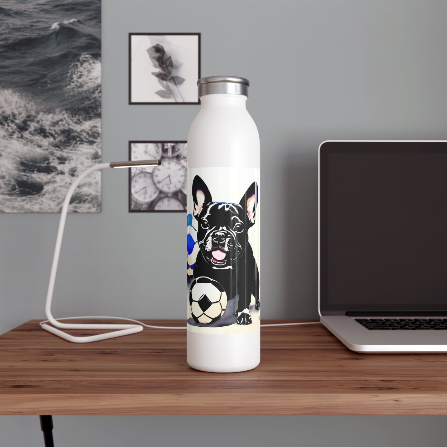 Frenchie with a Soccer Ball Slim Water Bottle