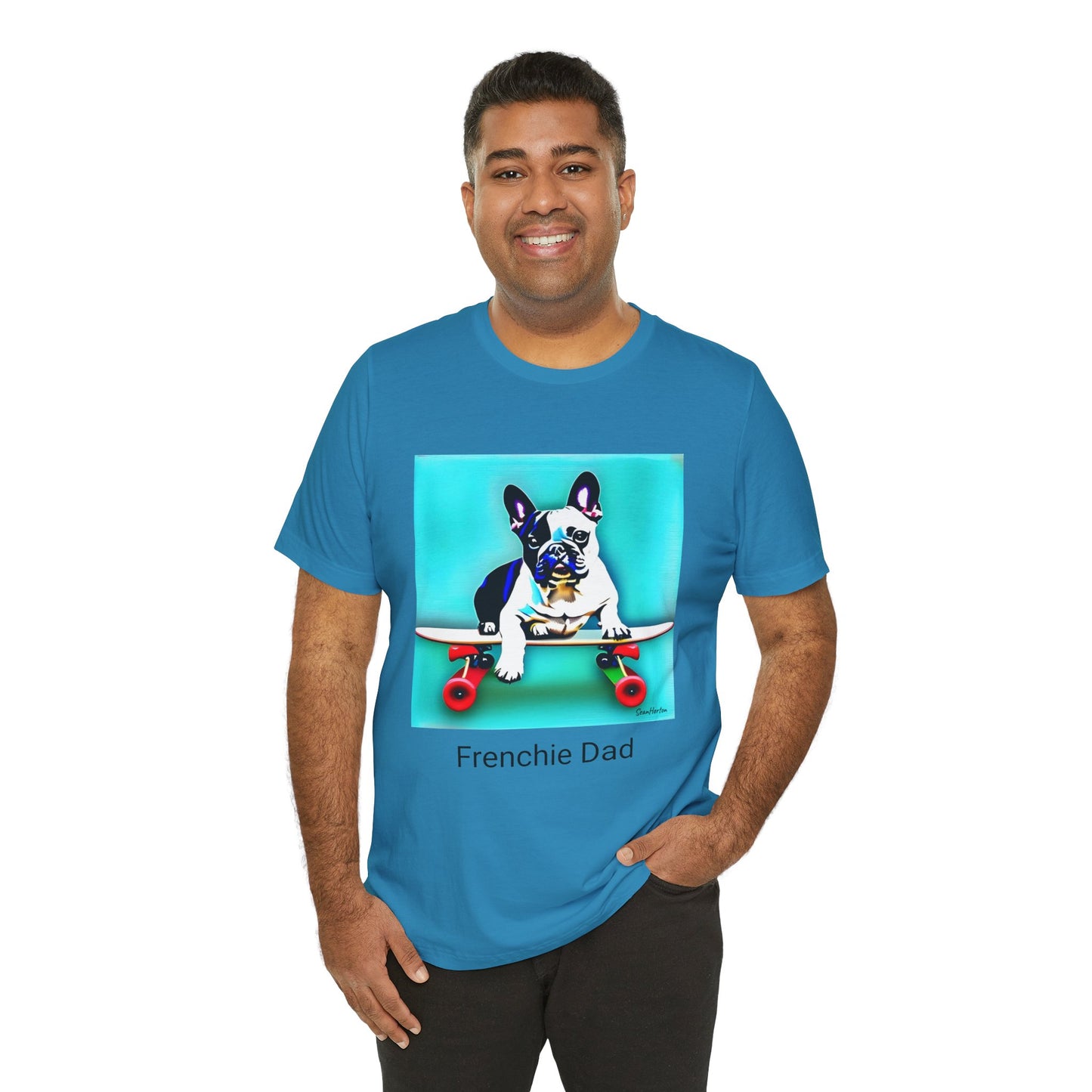 Frenchie on a Skateboard/Frenchie Dad Unisex Jersey Short Sleeve Tee