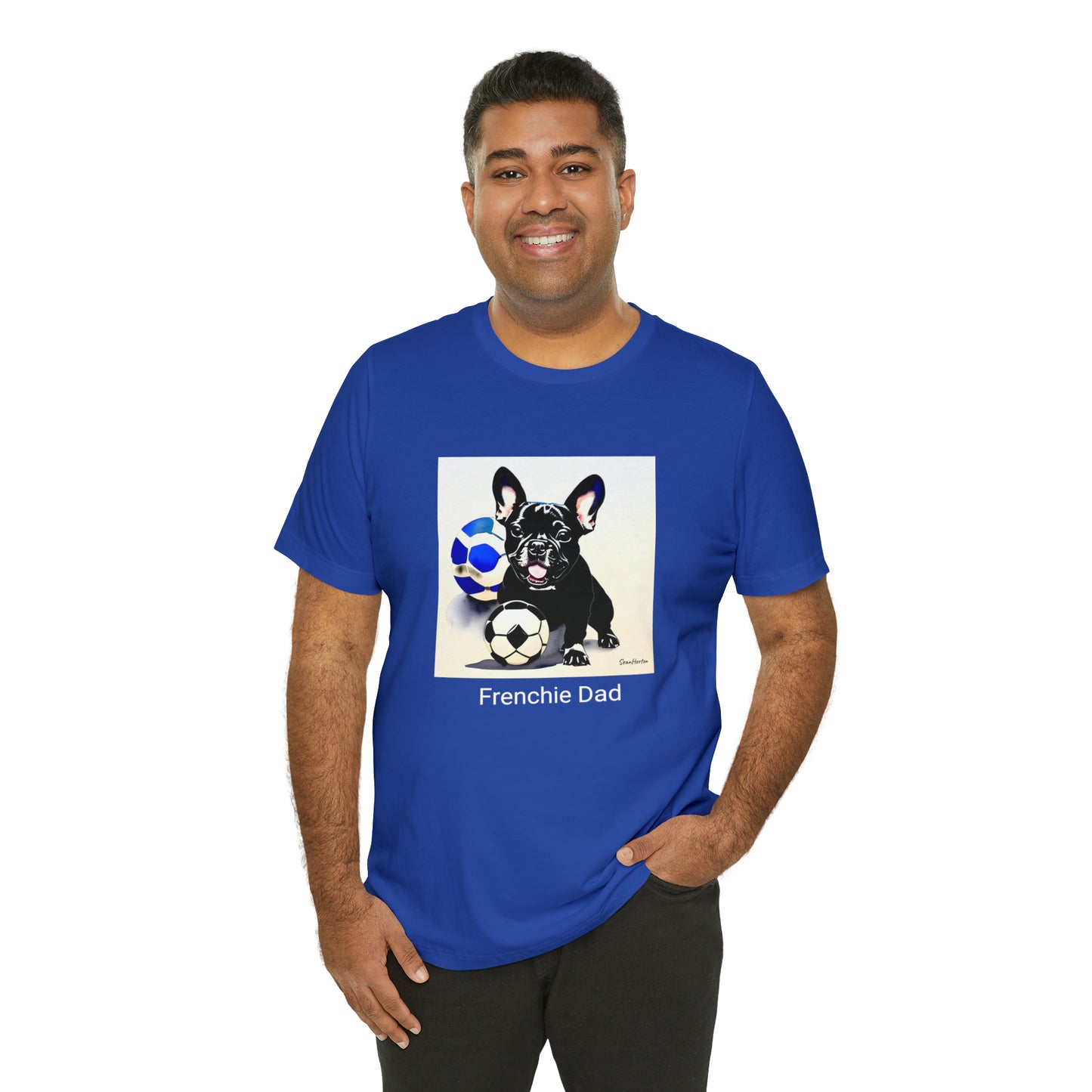 Frenchie with Soccer Ball/Frenchie Dad Unisex Jersey Short Sleeve Tee