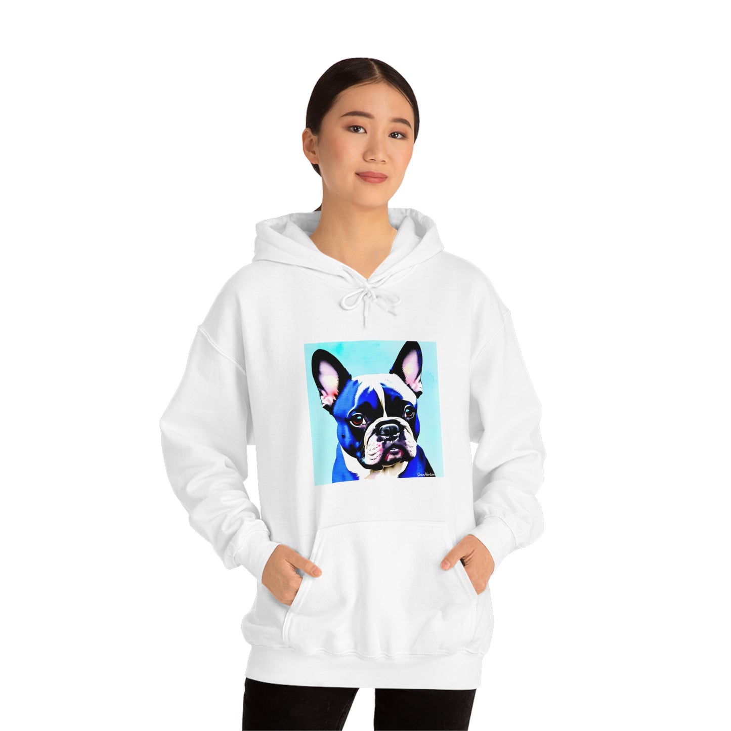 Blue Frenchie/Frenchie Mom on Back Unisex Heavy Blend™ Hooded Sweatshirt