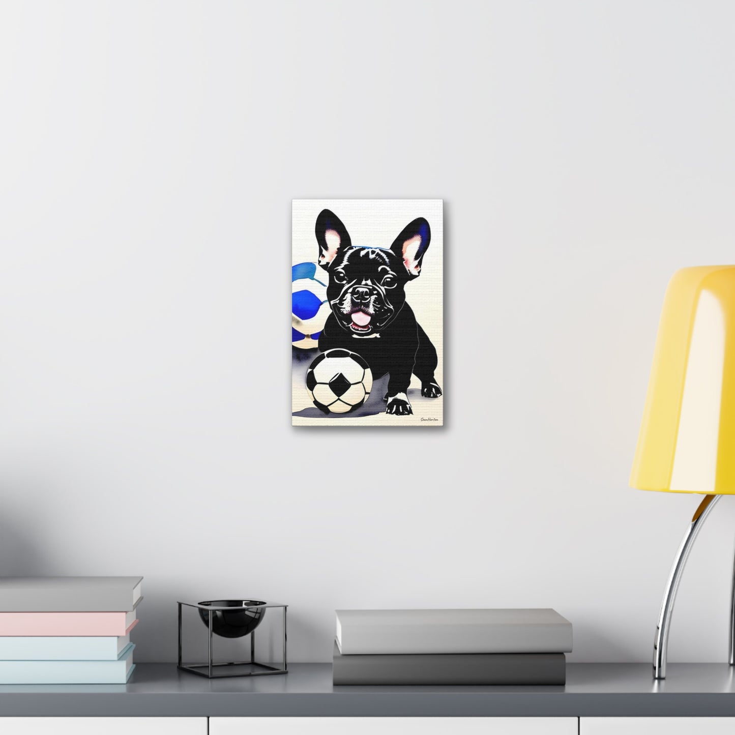 Frenchie with a Soccer Ball (Verticle) Canvas Stretched, 1.5''